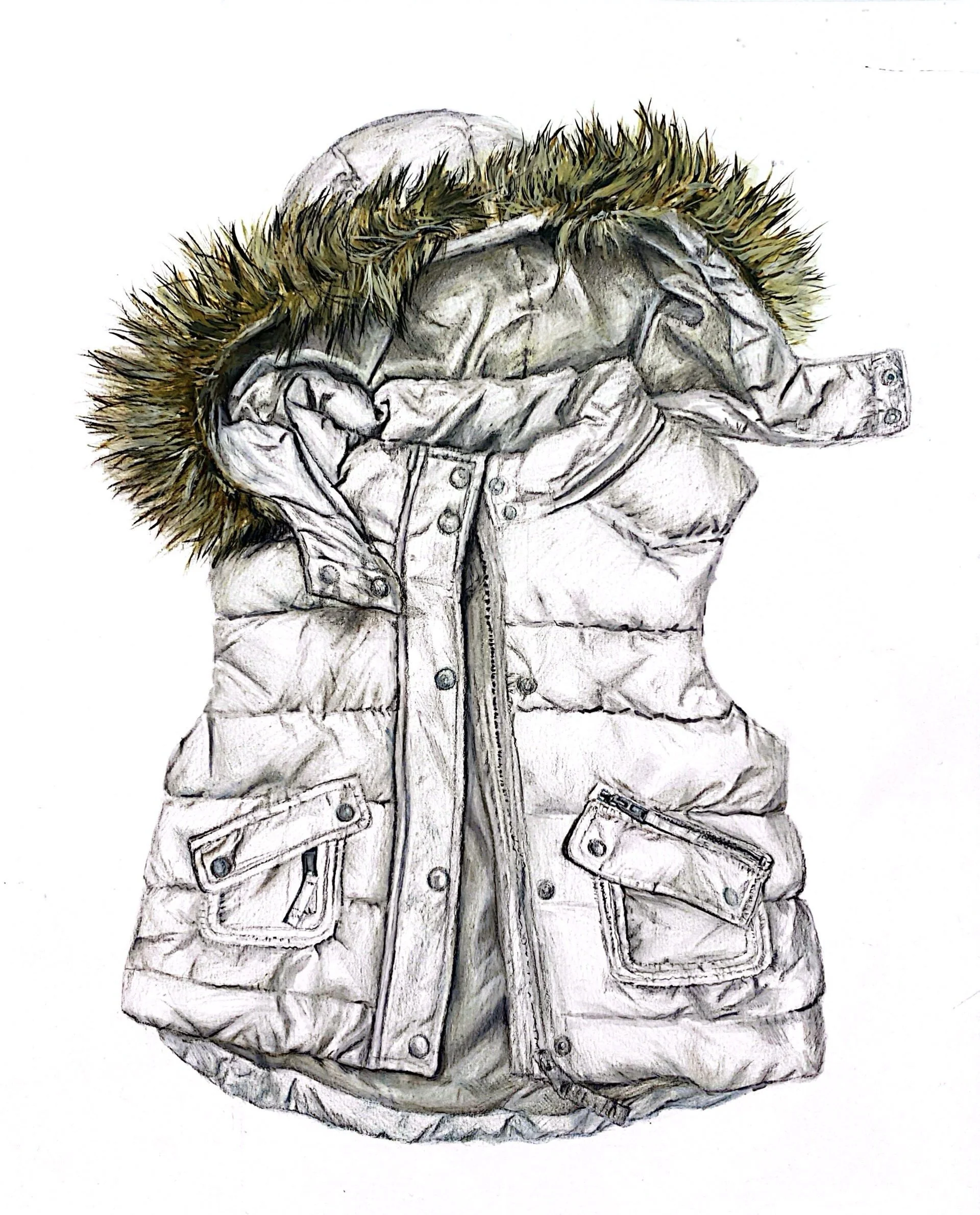 A detailed black-and-white drawing of a winter jacket with a furry hood, with some parts shaded and some left blank, and pins and pockets visible on the front.