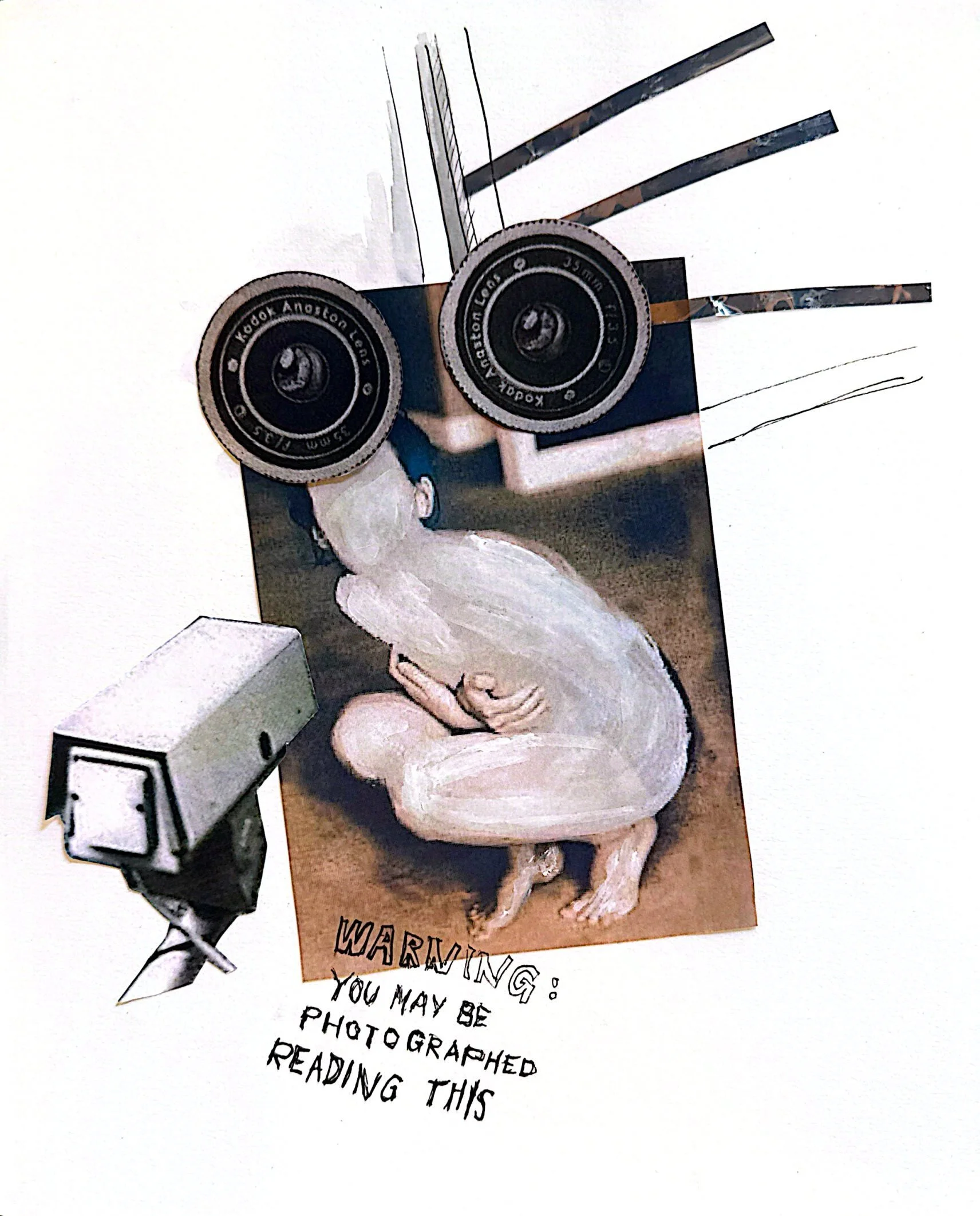 A collage featuring old fashioned security film camera pointed towards a person. The photo is arranged overlapping a handwritten note that says warning about being photographed and reading this.
