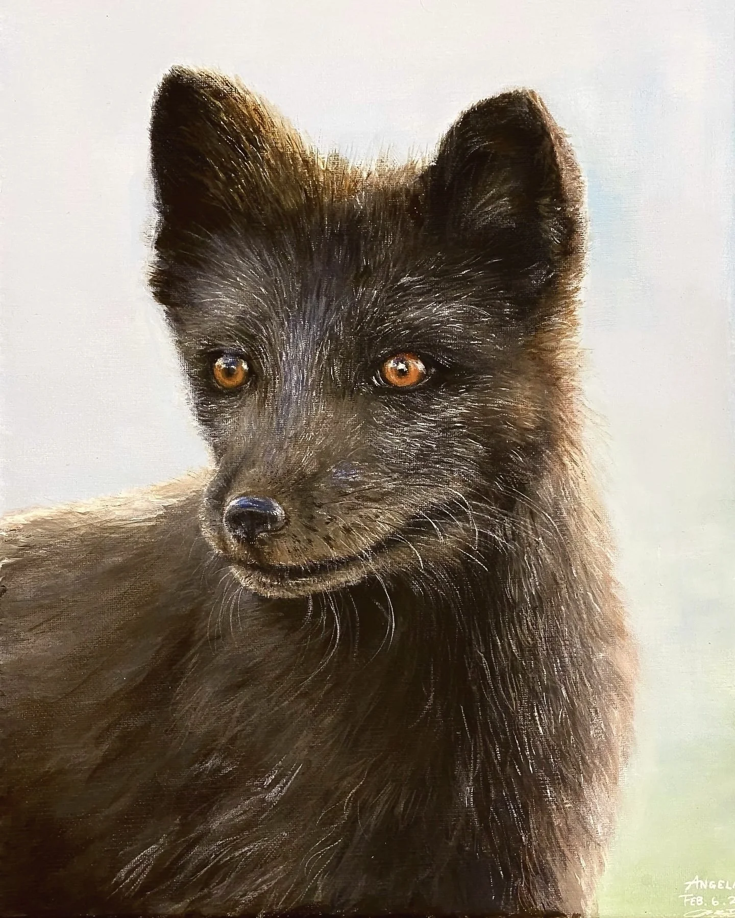 A realistic painting of an arctic fox, looking to the side.