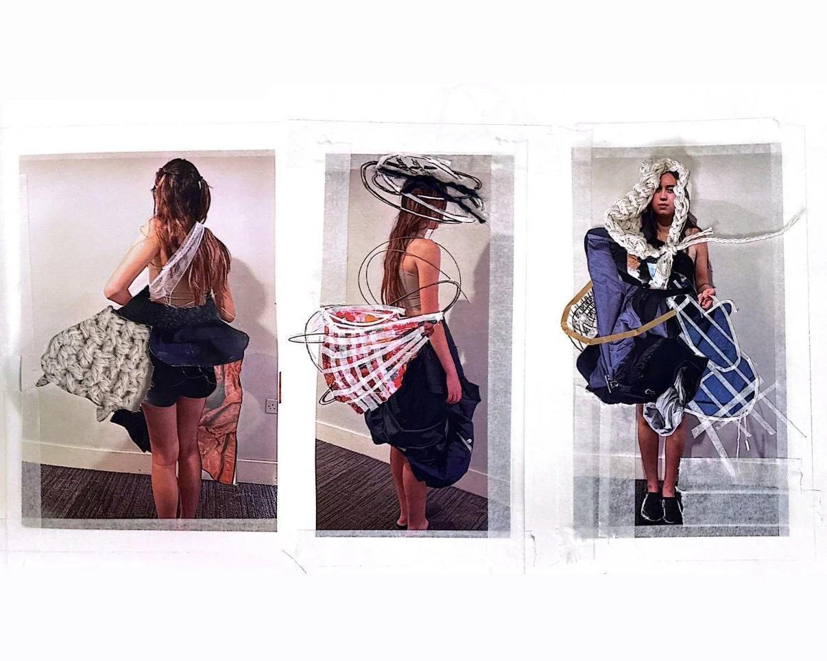 Three collages of model combining clothing and artistic elements, each showcasing different headpieces and accessories.