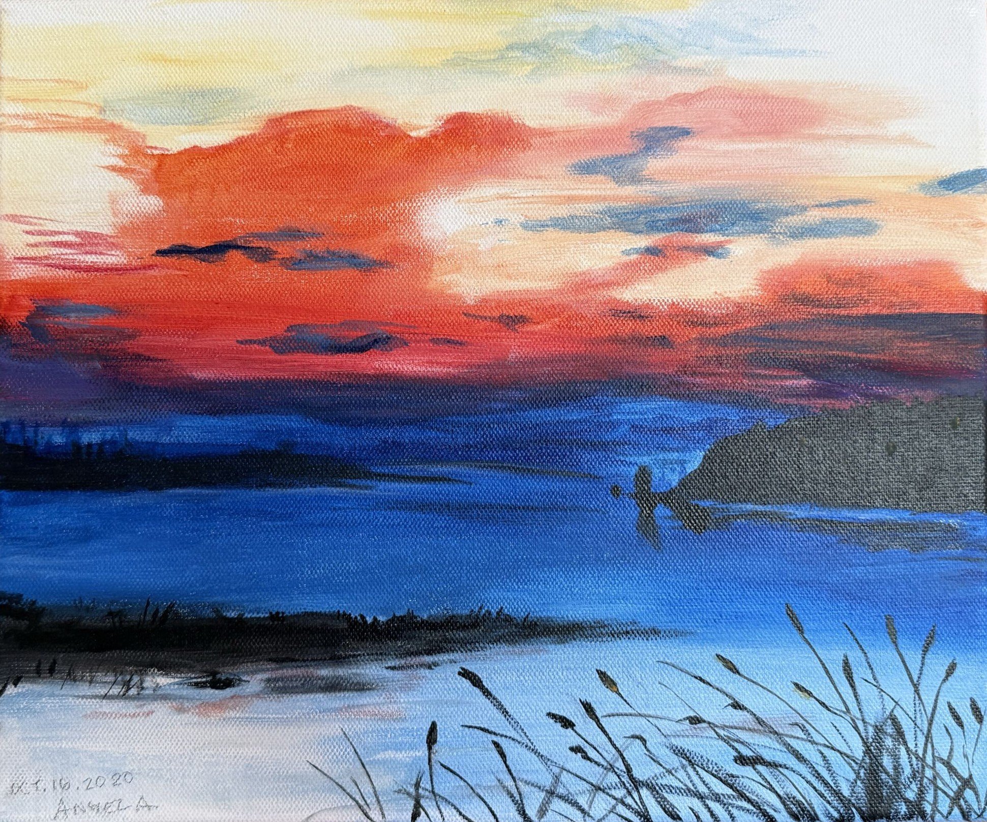 A painting of a sunset over a body of water with black silhouettes of grass in the foreground, capturing warm orange and red hues blending into darker blue and black at the bottom.