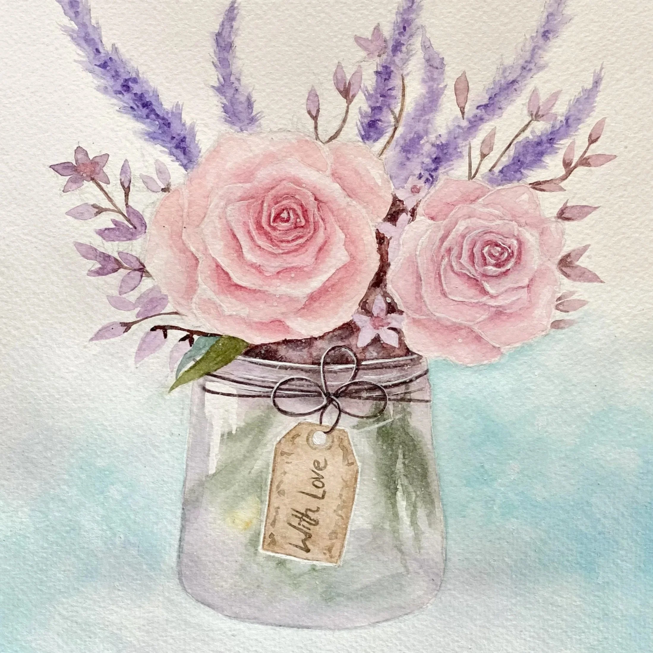 Watercolor painting of pink roses, lavender sprigs, and a small beige tag with a handwritten message that says 'With Love'.