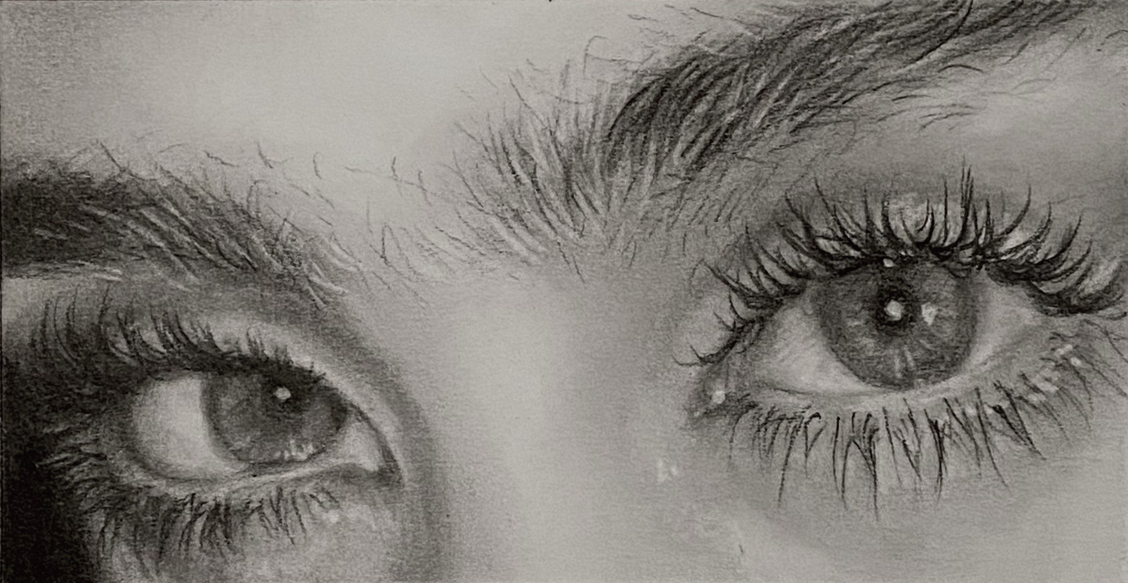 Close-up pencil sketch of two human eyes with detailed eyelashes and eyebrows.