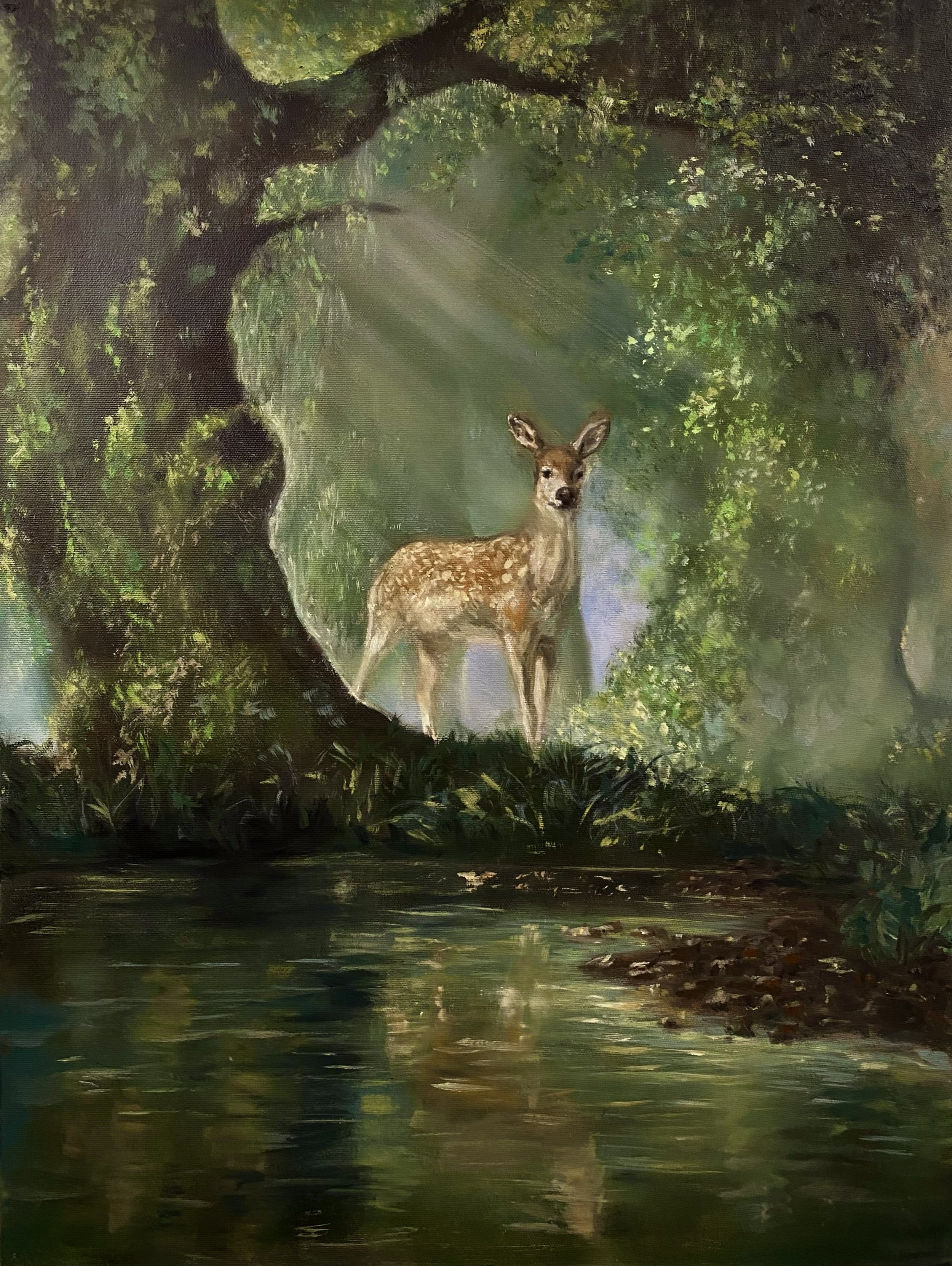 A painting of a young deer standing in a forest near a calm body of water, surrounded by lush green trees and foliage, with sunlight filtering through the leaves.