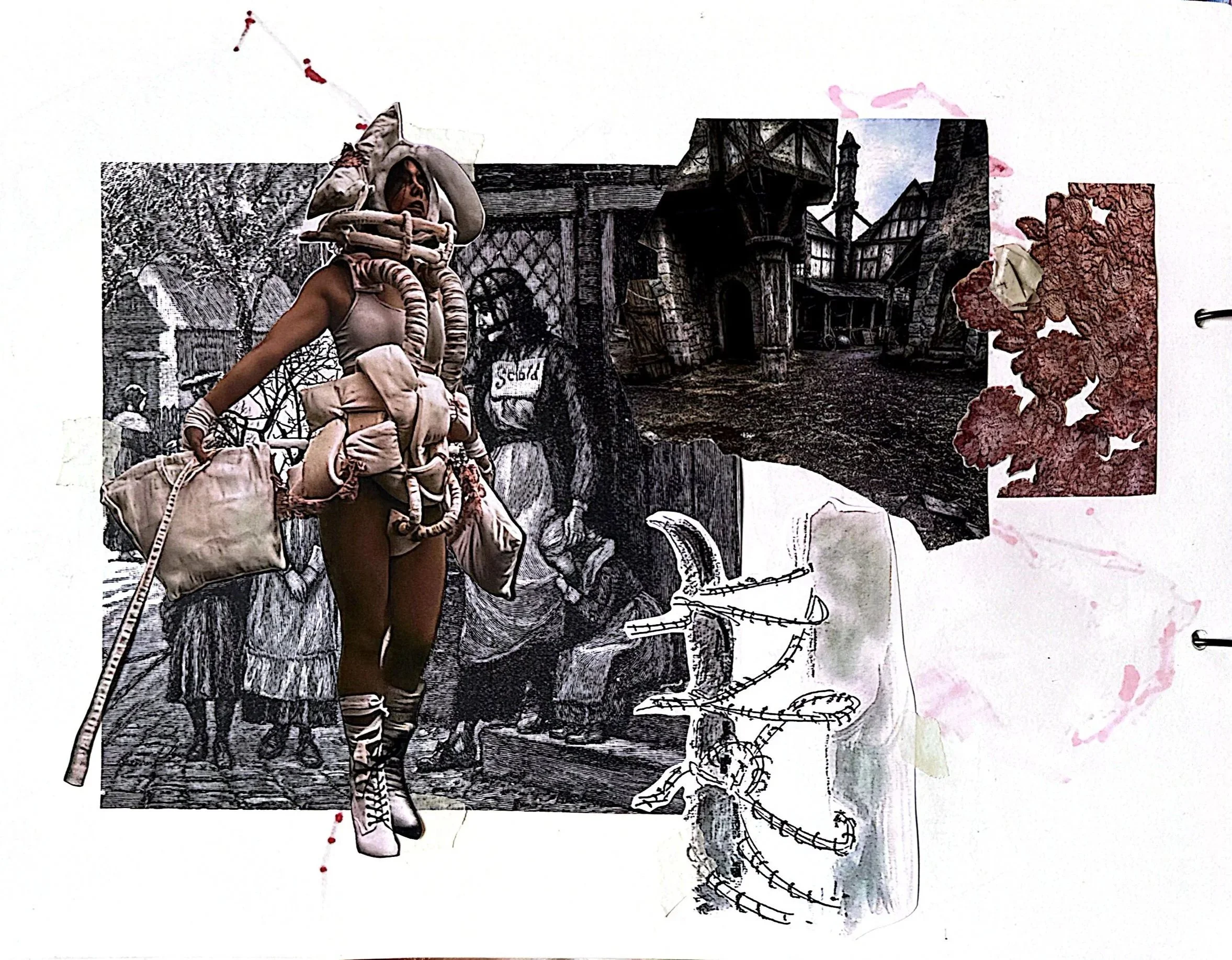 A person wearing white avant-garde clothing, including high-heeled boots, gloves, standing in front of a backdrop featuring dark medieval architecture.