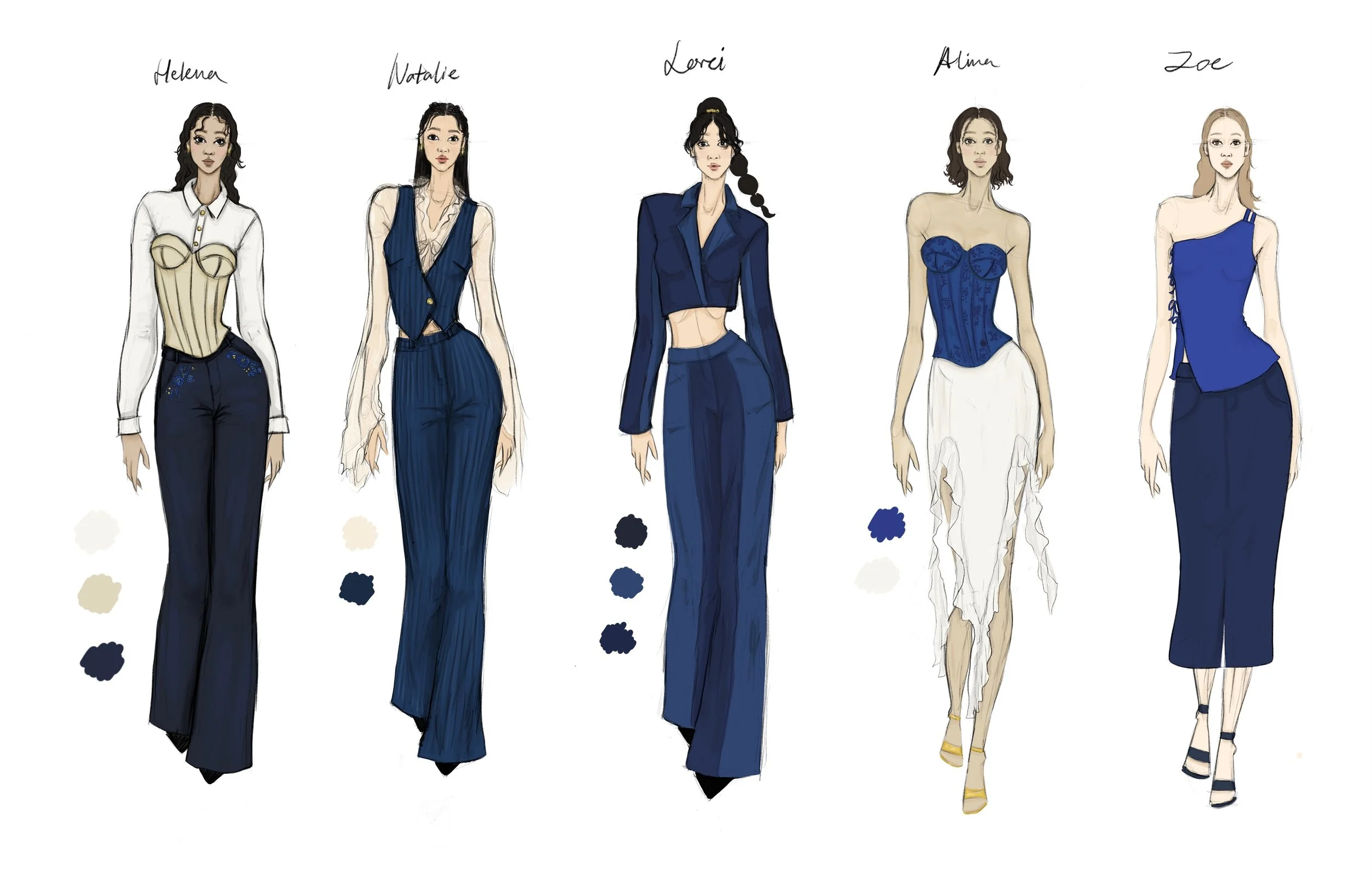 Fashion illustration showing five women wearing blue outfits, each with a color swatch below their image for reference.