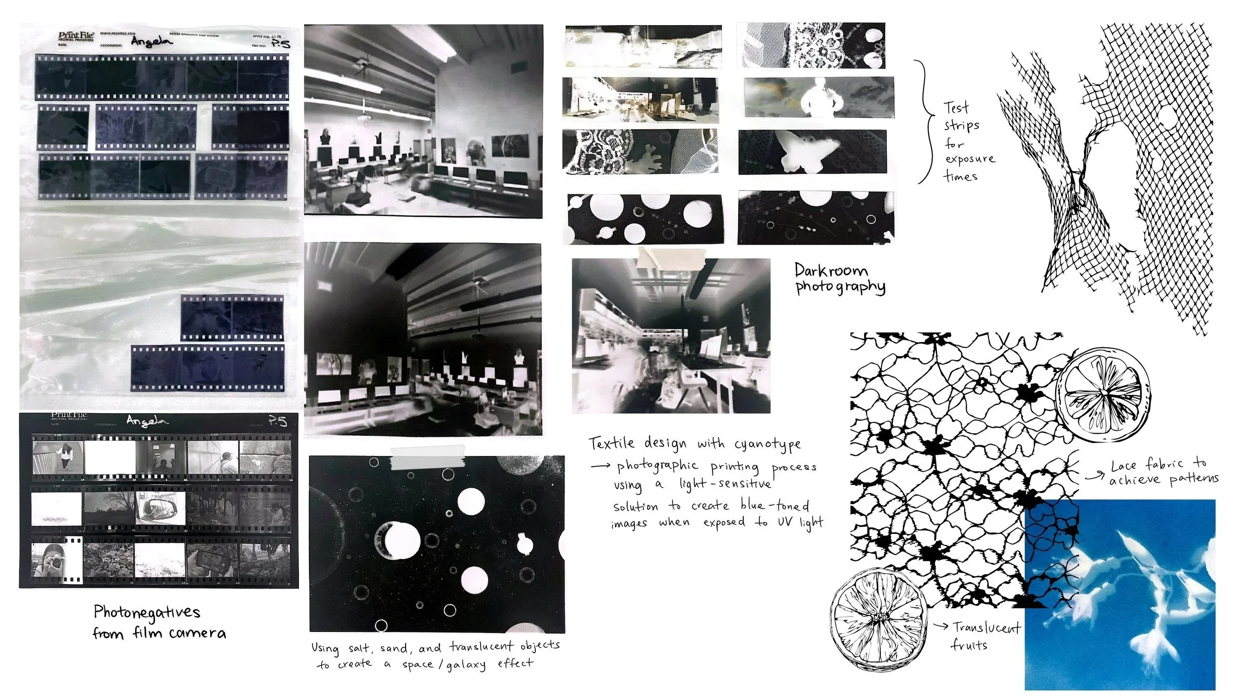 A collage of black and white photographs, drawings, and notes related to darkroom photography and textile design. The images include film negatives, a darkroom interior, test strips, abstract patterns, and illustrations of lace and citrus fruits, with handwritten annotations explaining photographic and textile processes.