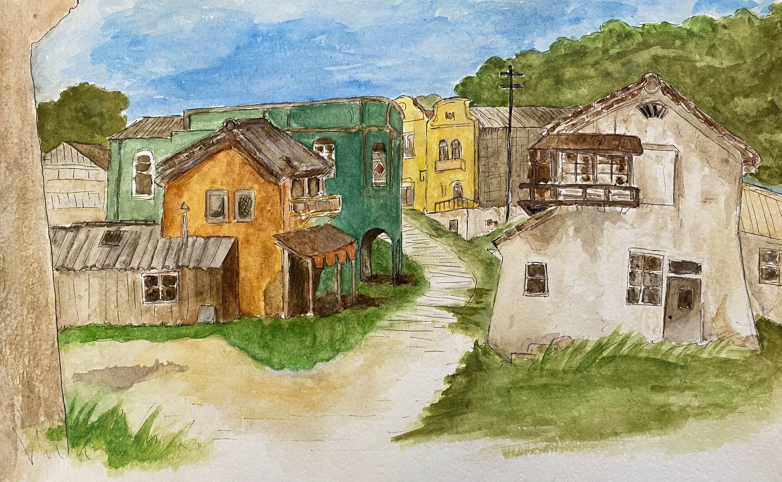 Watercolor painting of a charming village with colorful houses, a winding pathway, greenery, and trees under a blue sky.