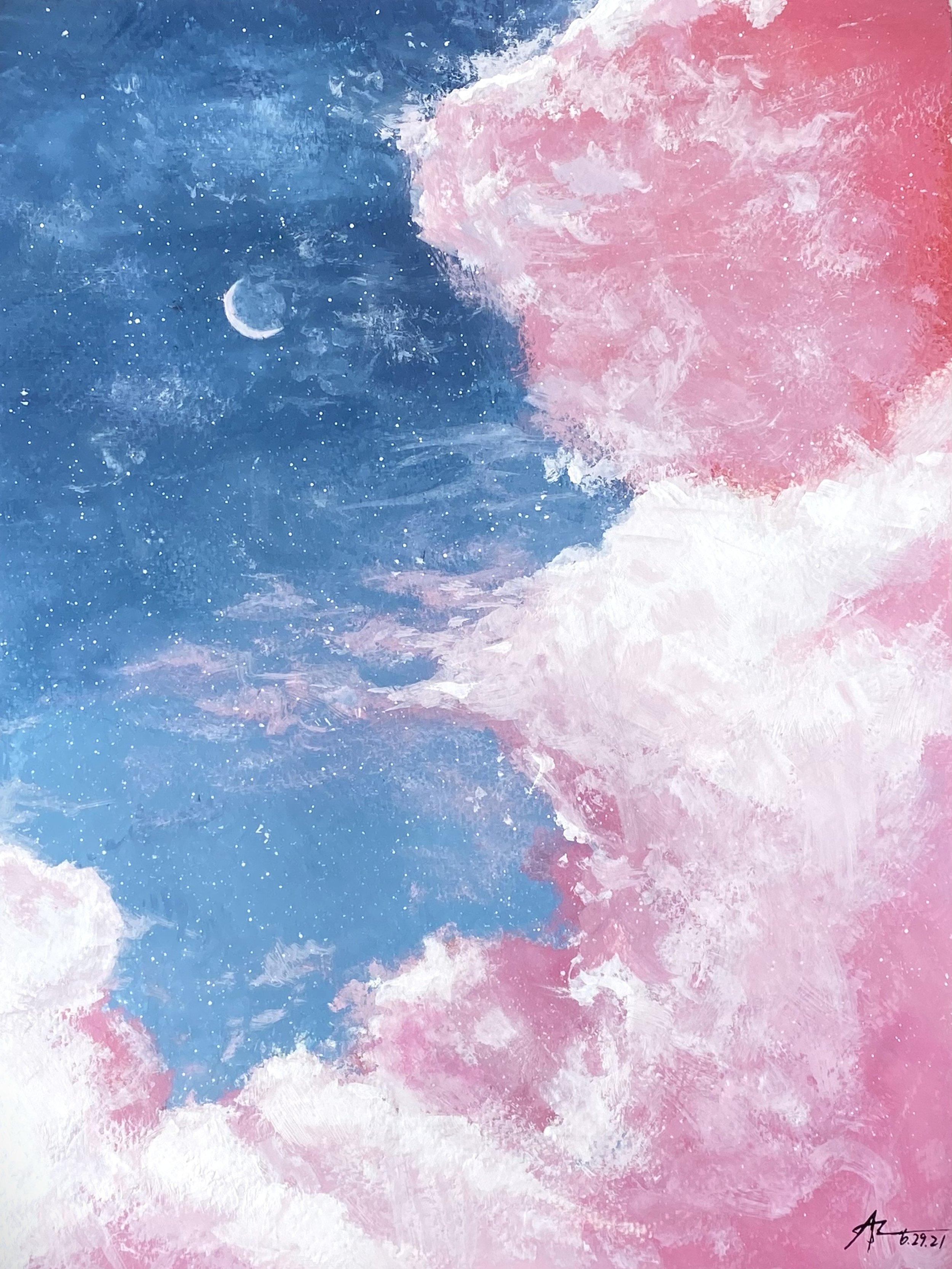 Abstract painting using pastel colors with blue, pink, and white blending together, resembling a dreamy sky or cloudscape.