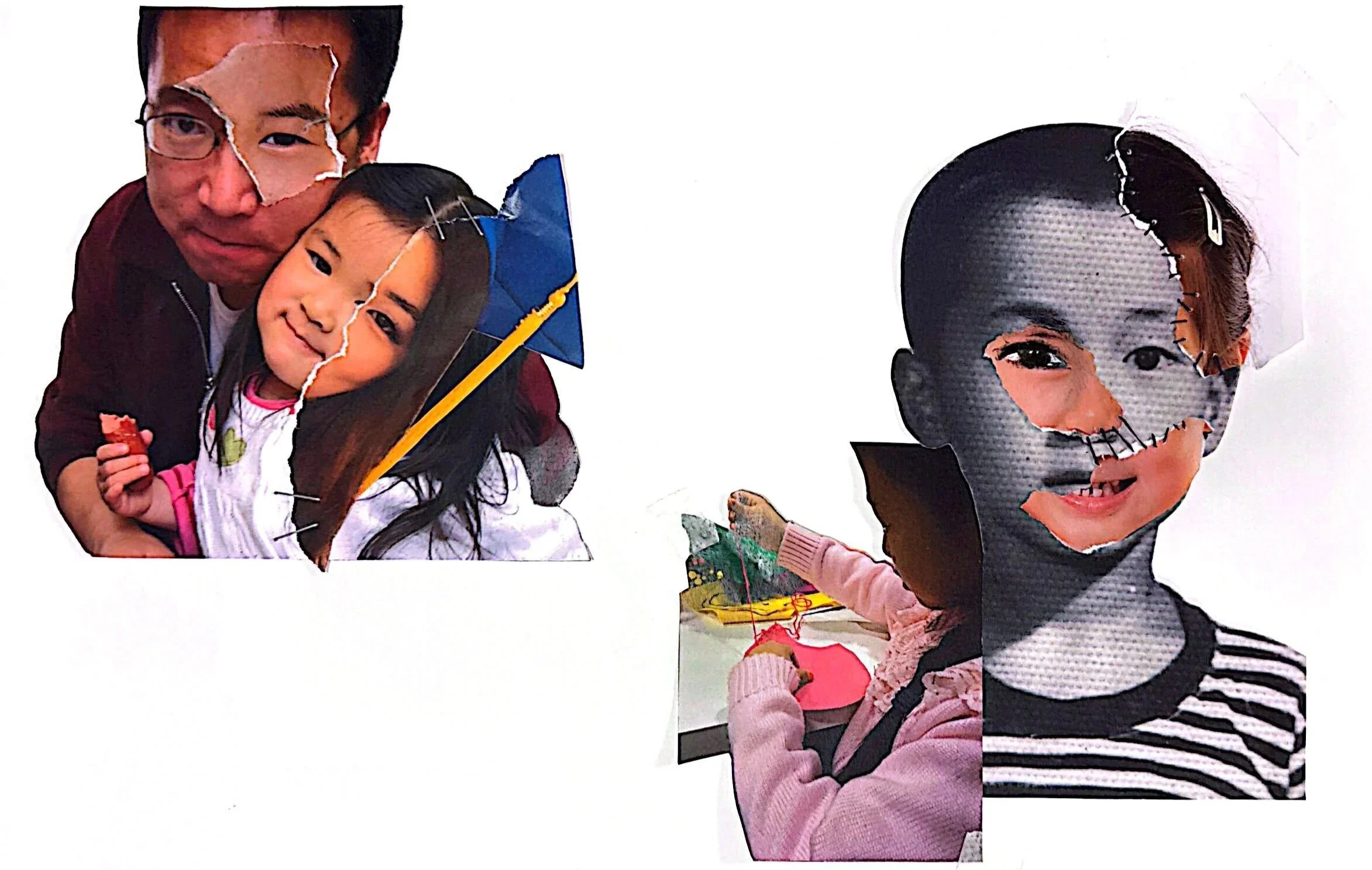 Collage of torn images of two children and an adult, featuring their faces and upper bodies, with some crafting supplies in the background.