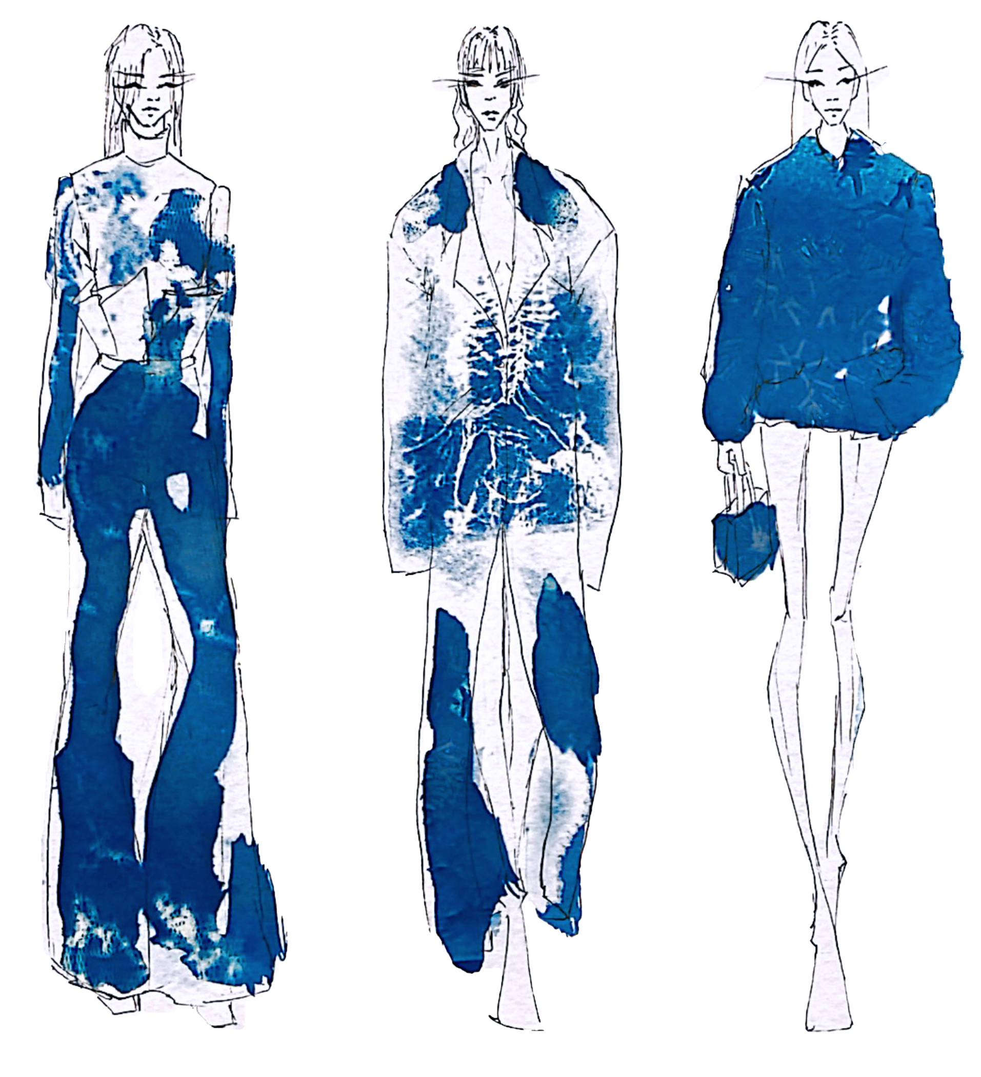 Three women pose in casual fashion outfits, one wearing a floral blouse tucked into high-waisted jeans, the second in a long coat with floral prints, and the third in a dark jacket and pants.