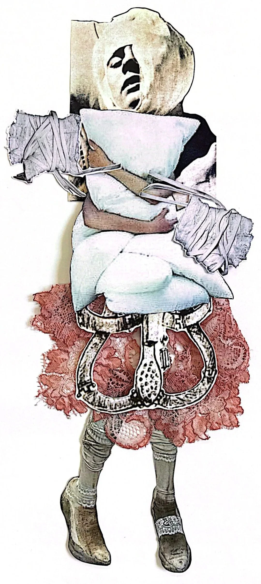 A collage of vintage black-and-white photos and pink lace assembled to create a surreal figure of a woman.