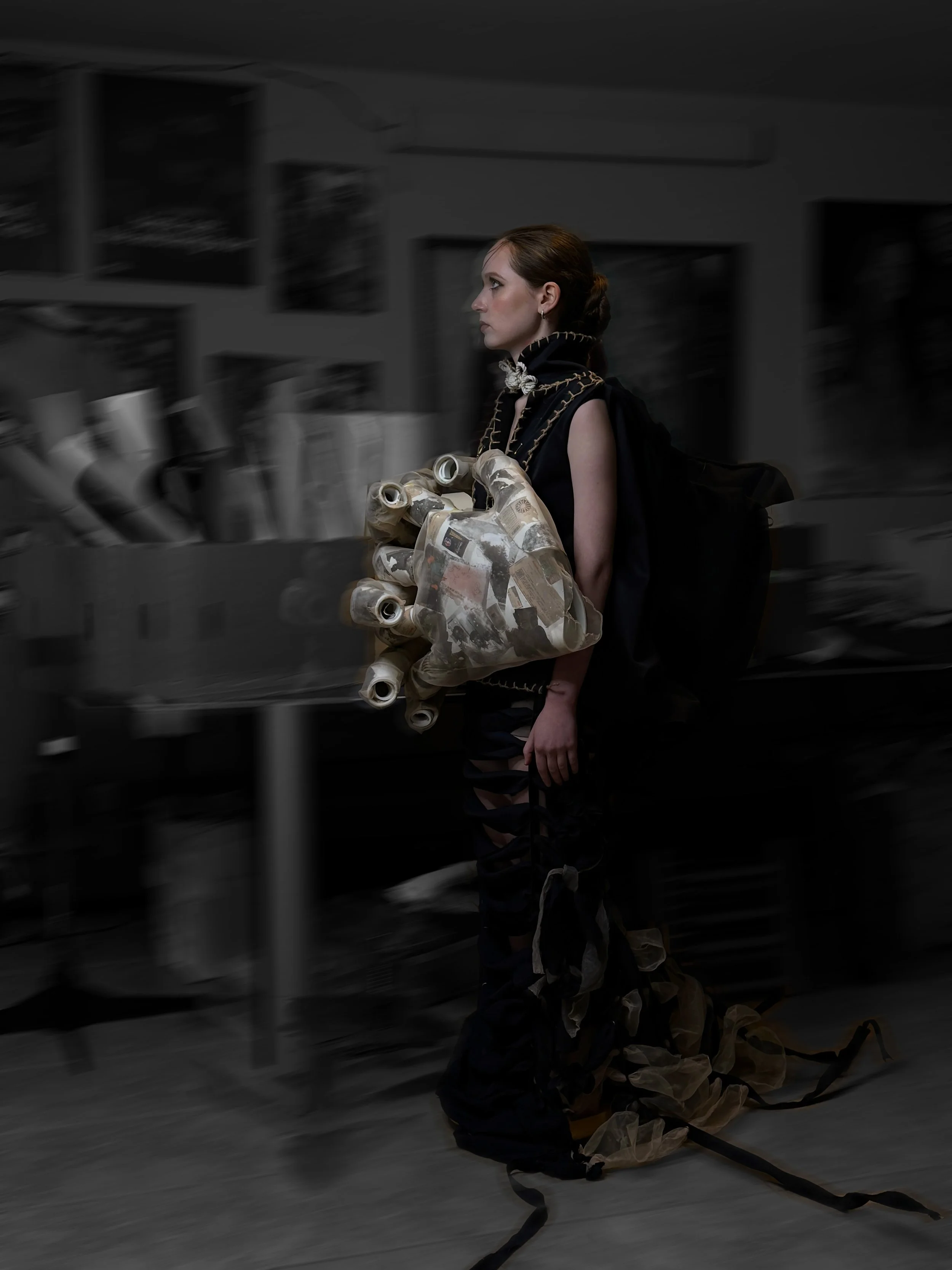 Woman in dark clothing holding a hand-shaped structure, standing in a dimly lit room with workshop or studio equipment.