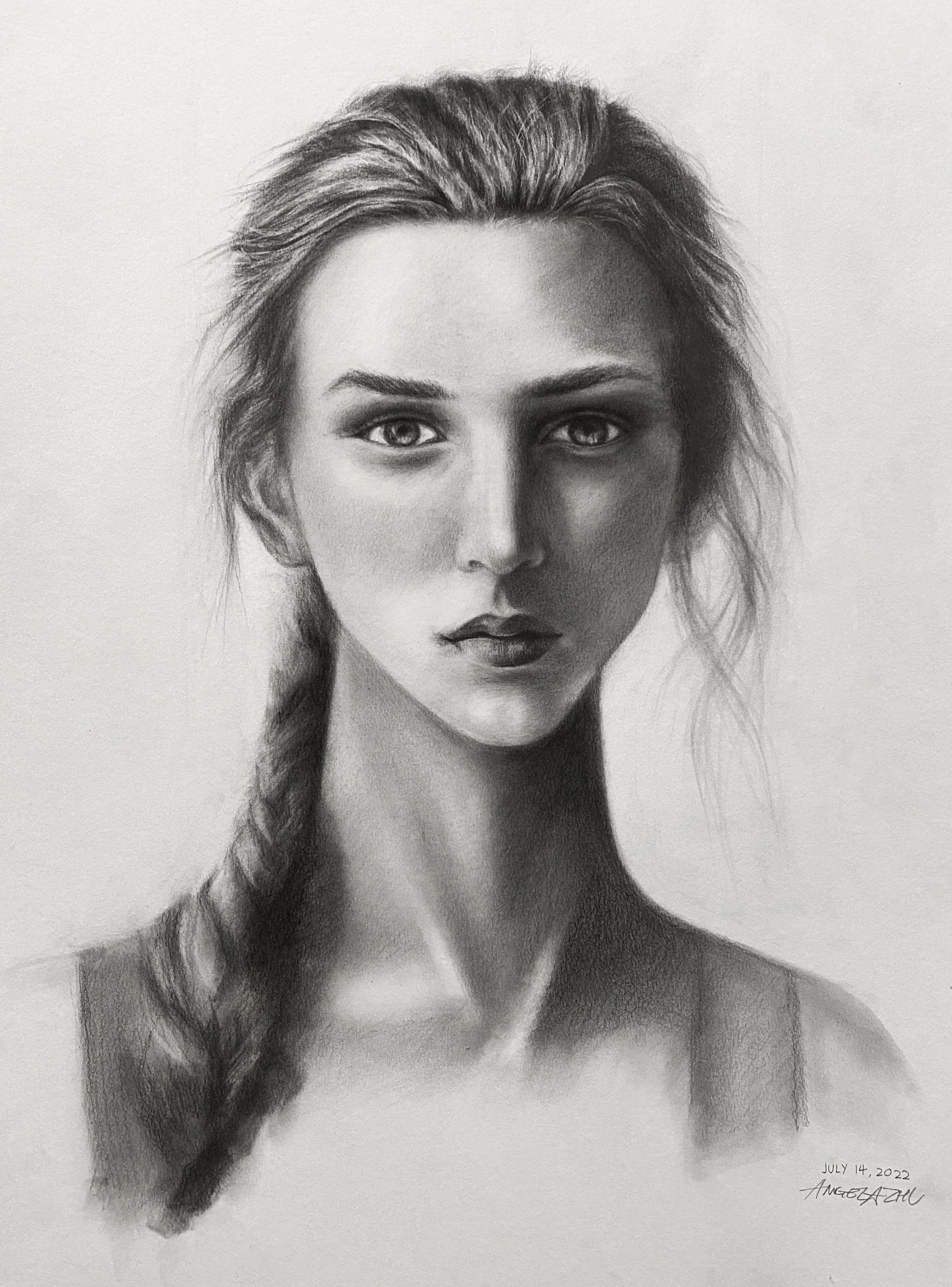 A detailed graphite pencil sketch of a woman with braided hair and serious expression. The artwork is signed and dated July 14, 2022.