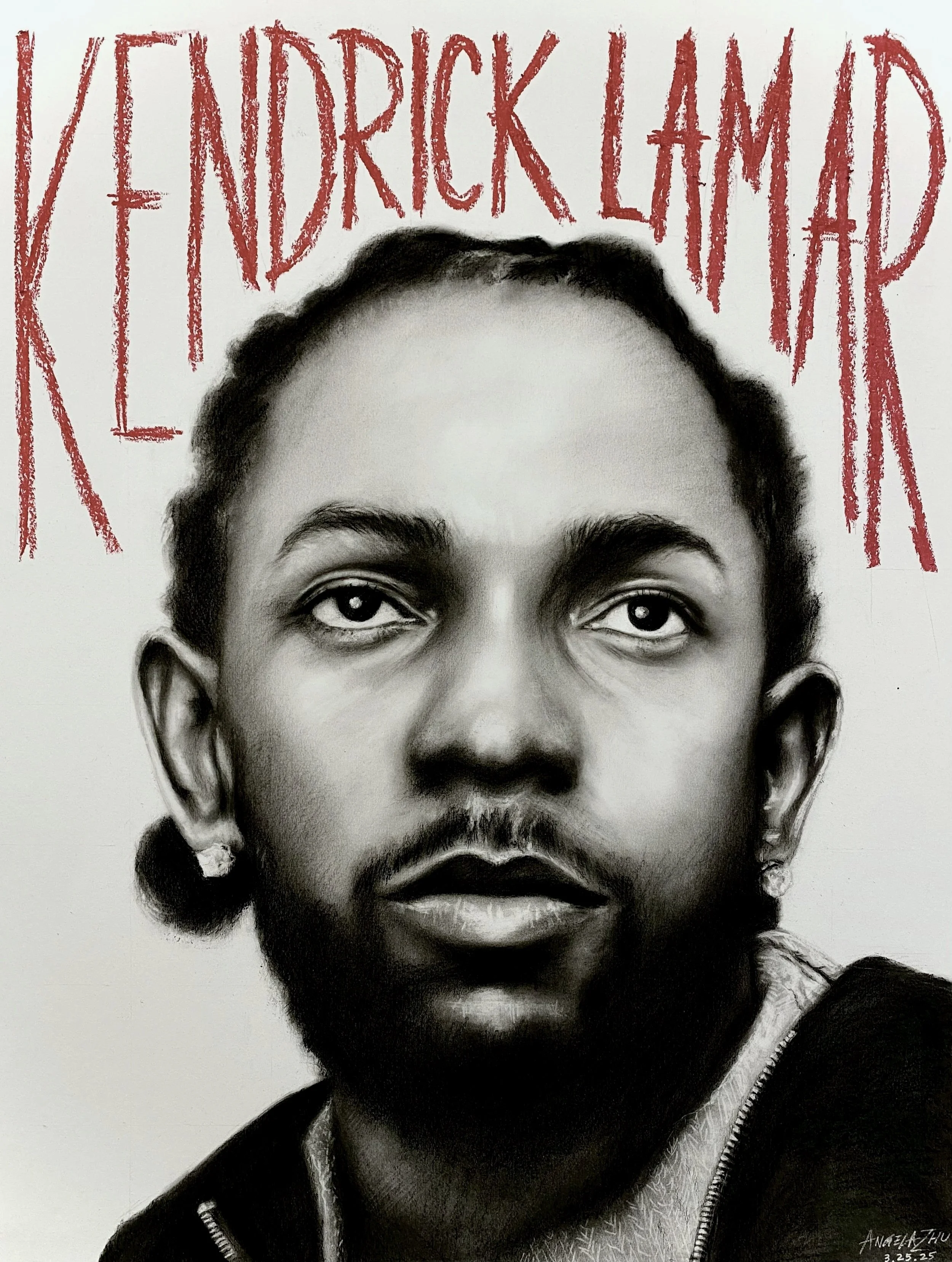 A black and white portrait of Kendrick Lamar, in a zip-up hoodie, with red text above that reads his name.