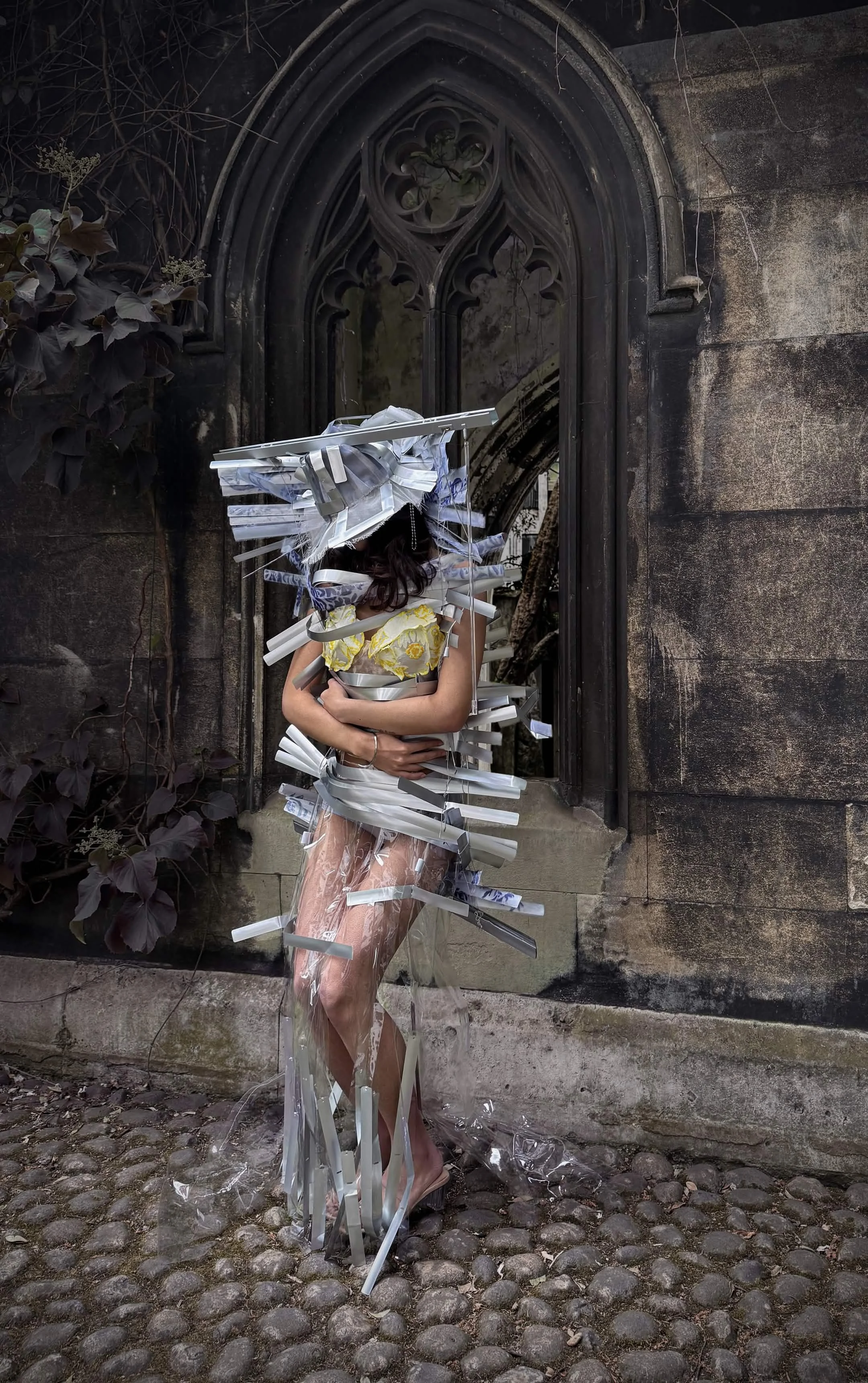 A person standing outside in front of a gothic-style stone window, wearing garment and hat made out of aluminium window blinds, with yellow floral bra top peaking from under.