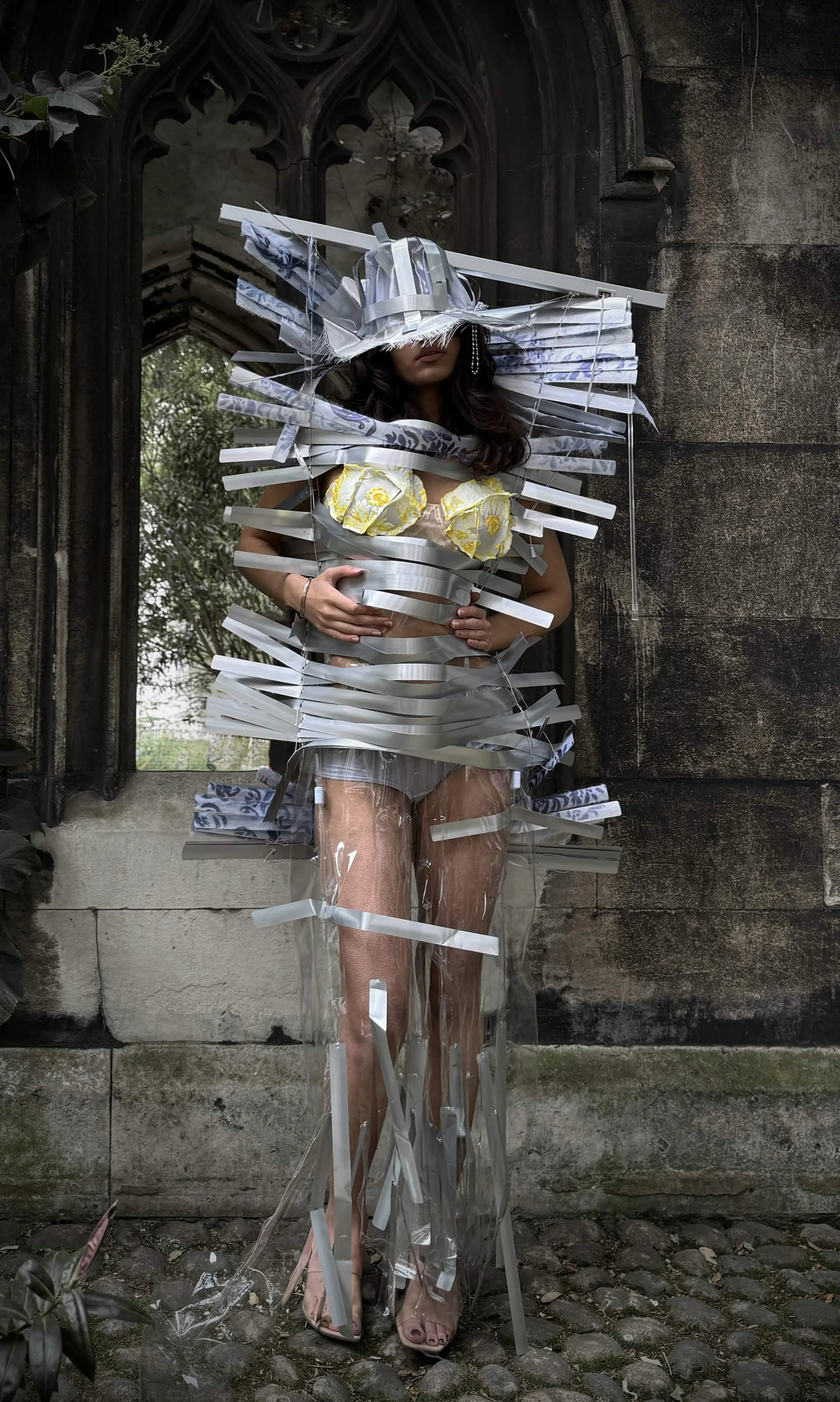 A person standing outdoors against a stone wall and arched window, wearing garment and hat made out of aluminium window blinds, with yellow floral bra top peaking from under.
