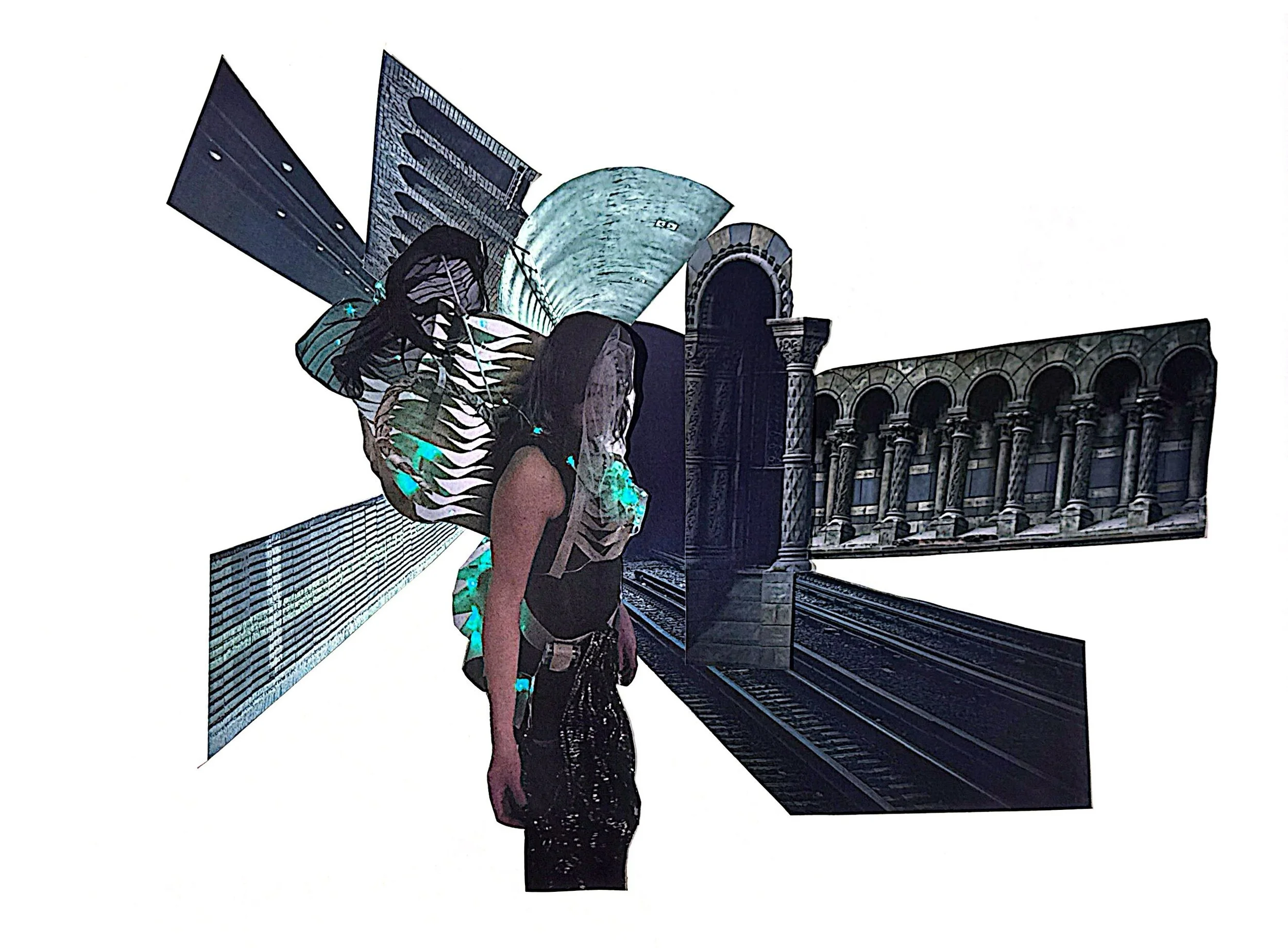 A model dressed in green coloured avant-garde clothing, representing an Enchantress, with historic architectural underground tunnel in the background.