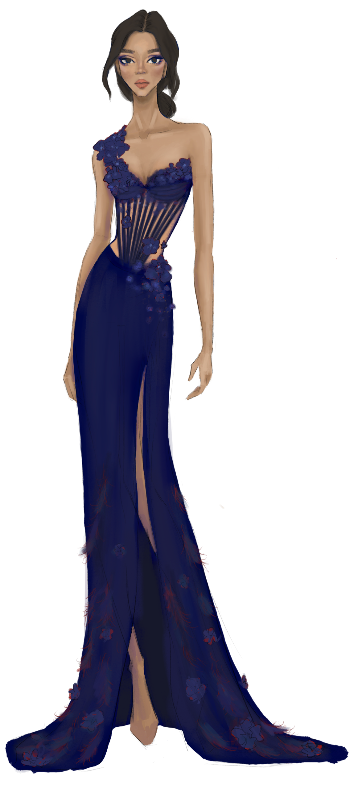 Illustration of a woman in a long, dark blue evening gown with floral lace details, a high slit, and an off-the-shoulder design.