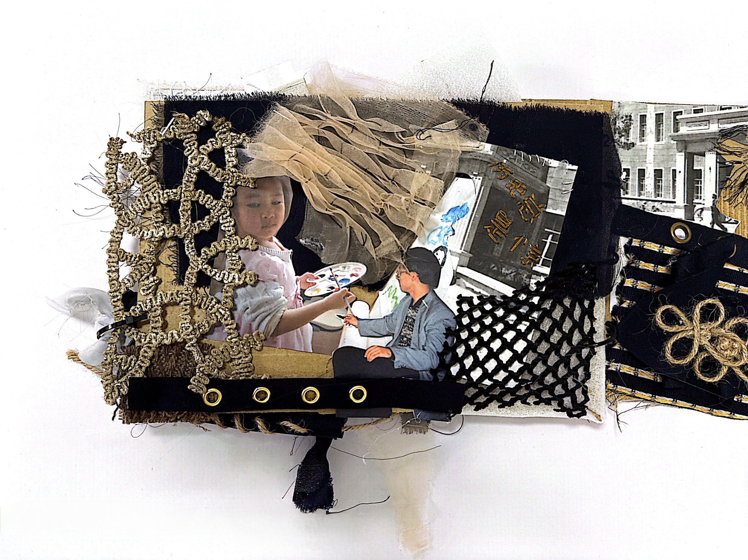 A mixed-media collage featuring a young girl painting, black and gold decorative elements, and a black and white photograph of architecture with gold accents.