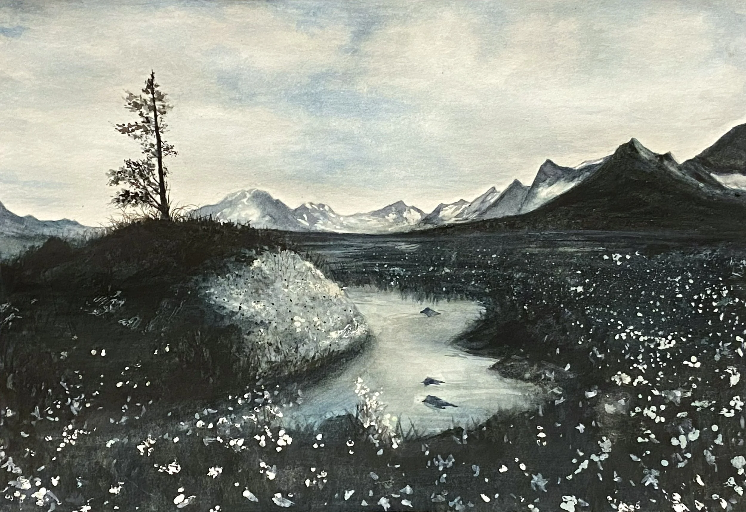 A monotone landscape painting showing a single tall tree on a hill with snow-capped mountains in the background, river in the foreground, and a cloudy sky.
