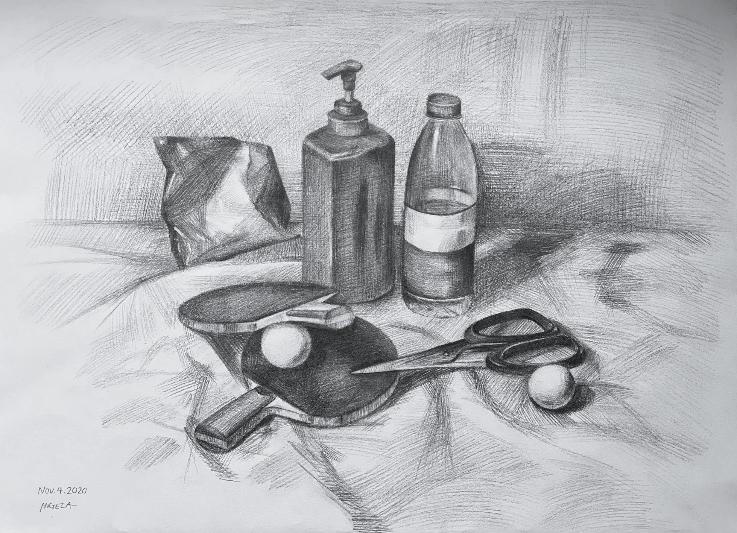 A detailed pencil sketch of various objects on a table, including a paper bag, a soap dispenser, a water bottle, ping pong paddles and balls, with shading and cross-hatching techniques. Signed and dated November 4, 2020, by Angela.