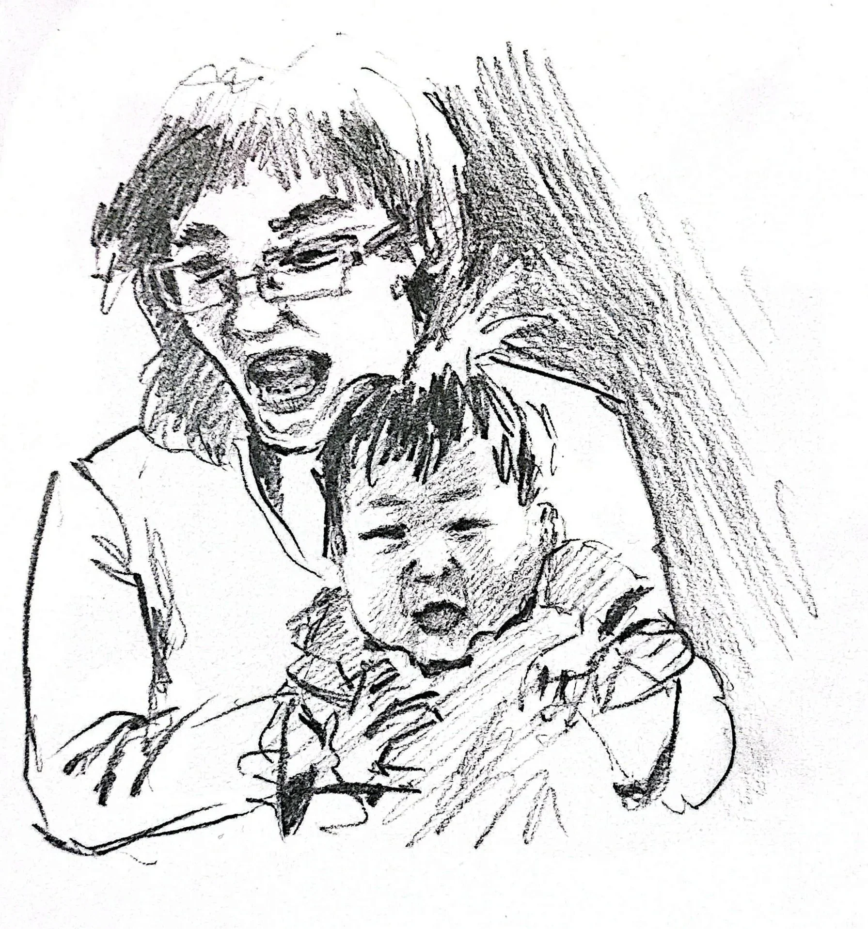 A black-and-white sketch of a woman with glasses, seemingly shouting or expressing surprise, holding a young child.