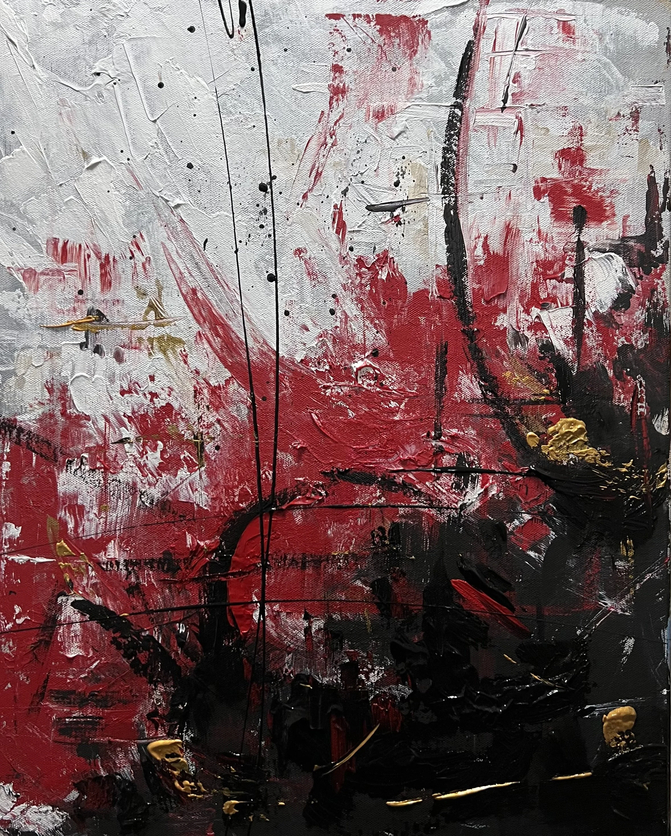 Abstract expressionist painting with thick layers of red, black, white, beige, and gold paint, featuring textured brushstrokes and splatters.