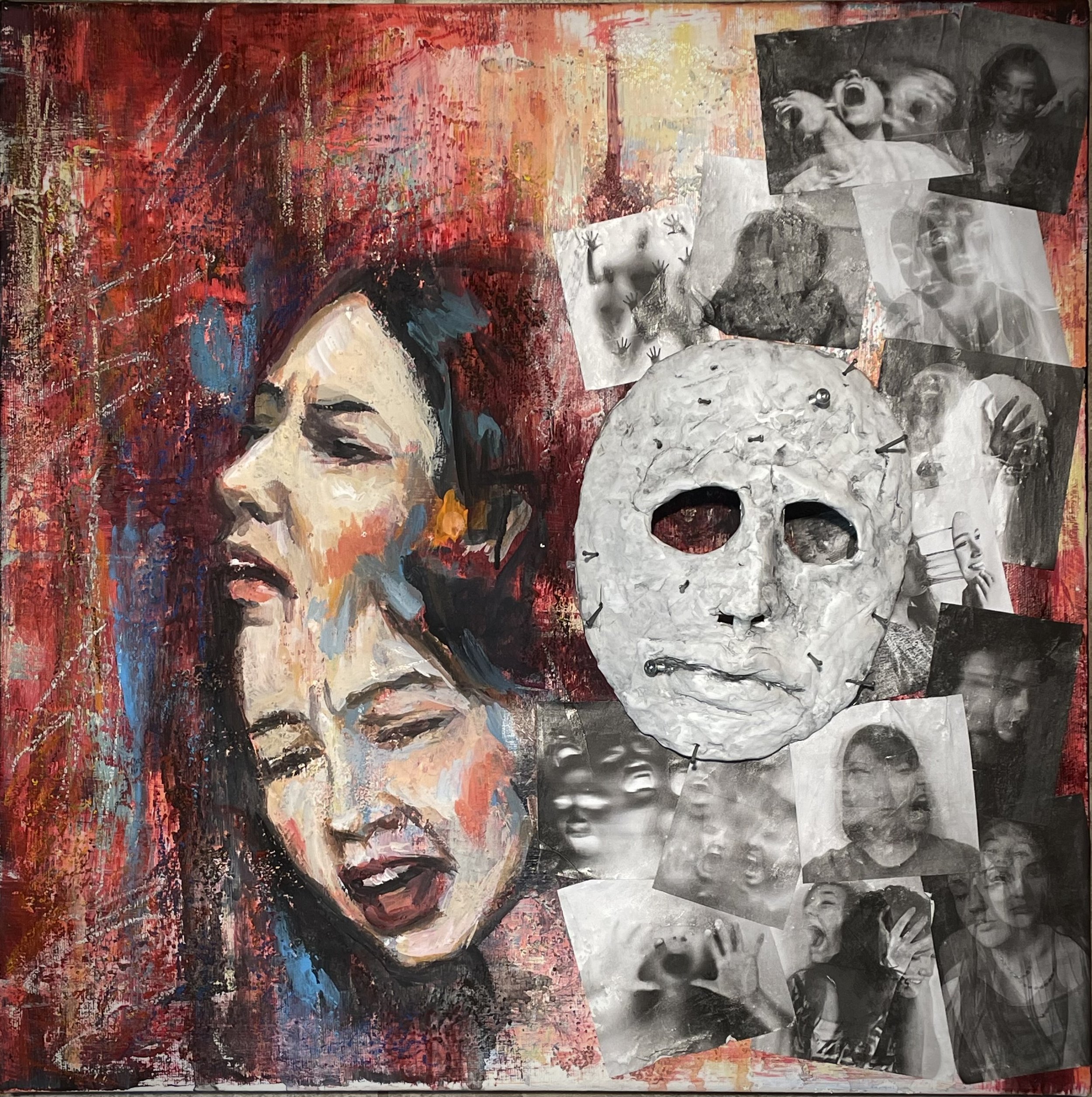 A mixed media art piece combining an abstract, colorful background with black-and-white photographs of various people's faces and hands, some expressing emotion like fear. The background features bold reds, blues, and textured brushstrokes, creating a layered and dynamic composition.