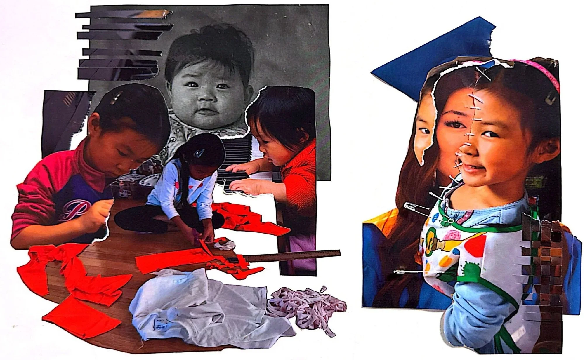 Collage of children engaged in arts and crafts, with a large black-and-white portrait of a child in the background.