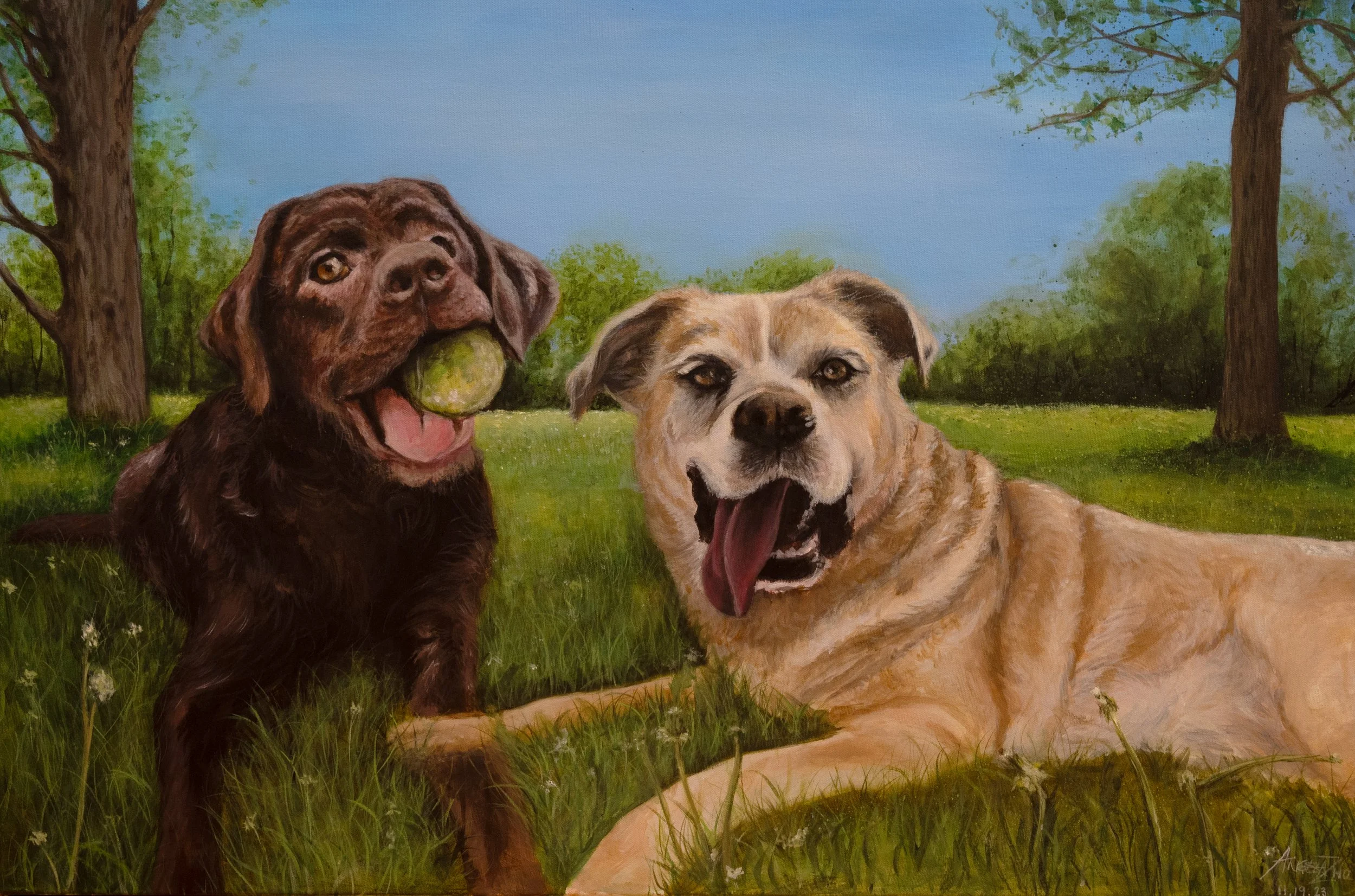 Painting of two dogs outdoors, one holding a tennis ball in its mouth, in a grassy area with trees and a blue sky.