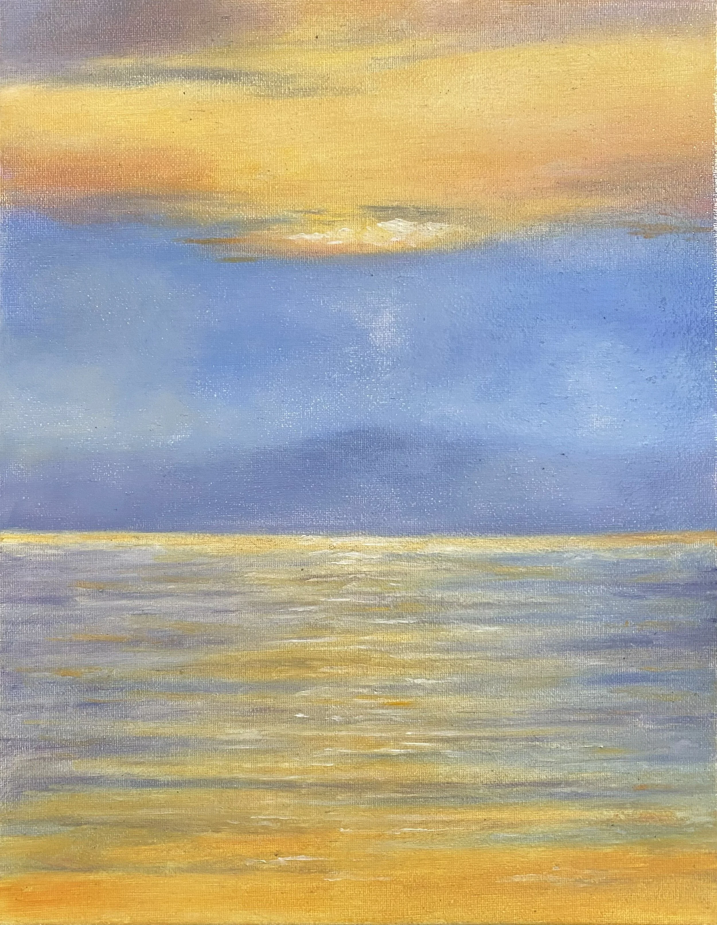 A watercolor painting of a sunset over water, with the sky transitioning from purple and pink at the top to yellow and orange near the horizon, and the water reflecting these colors.