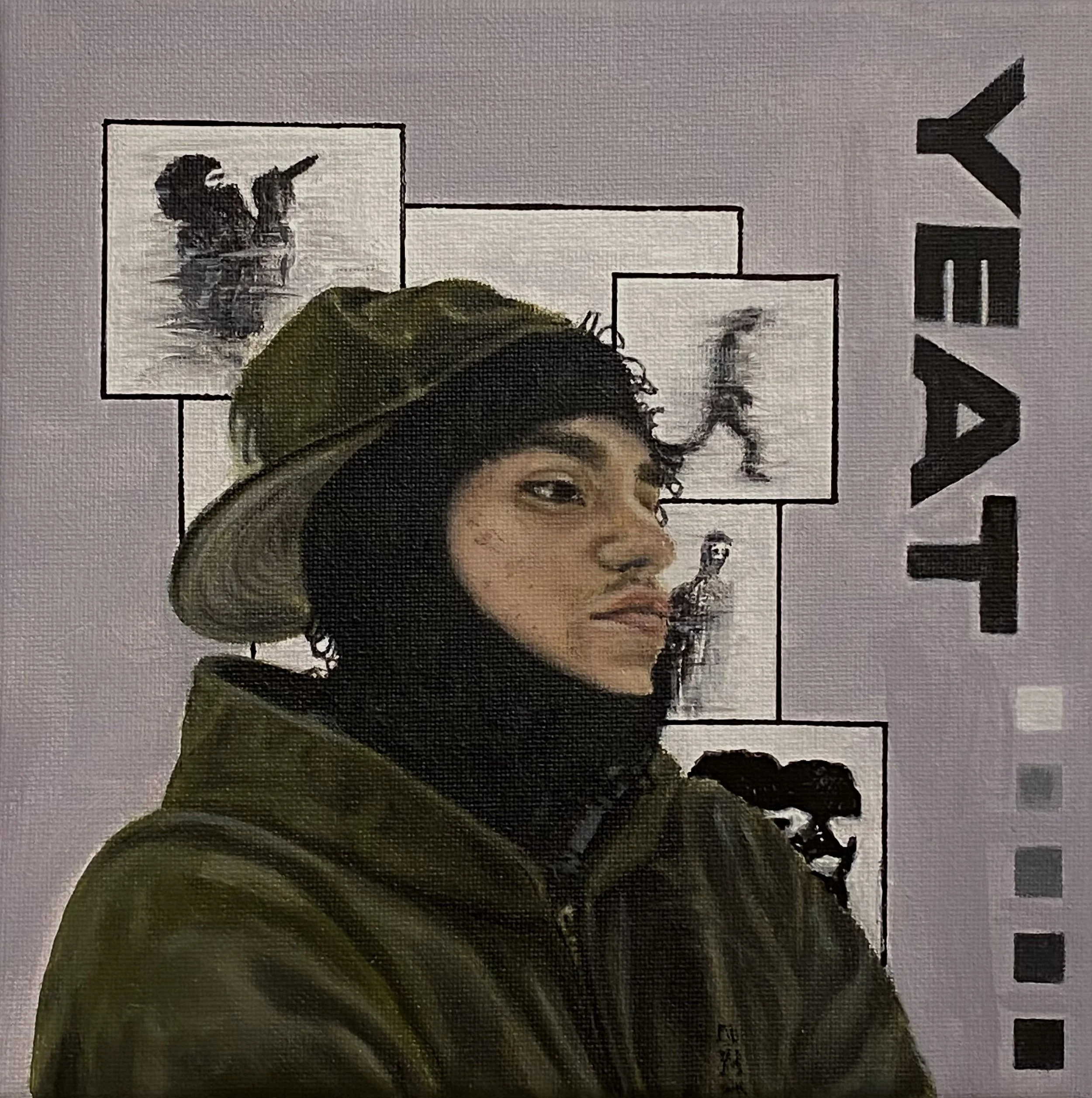 Painting of rapper YEAT, wearing a dark green outfit and backwards cap, against a background with abstract elements and his name in bold.