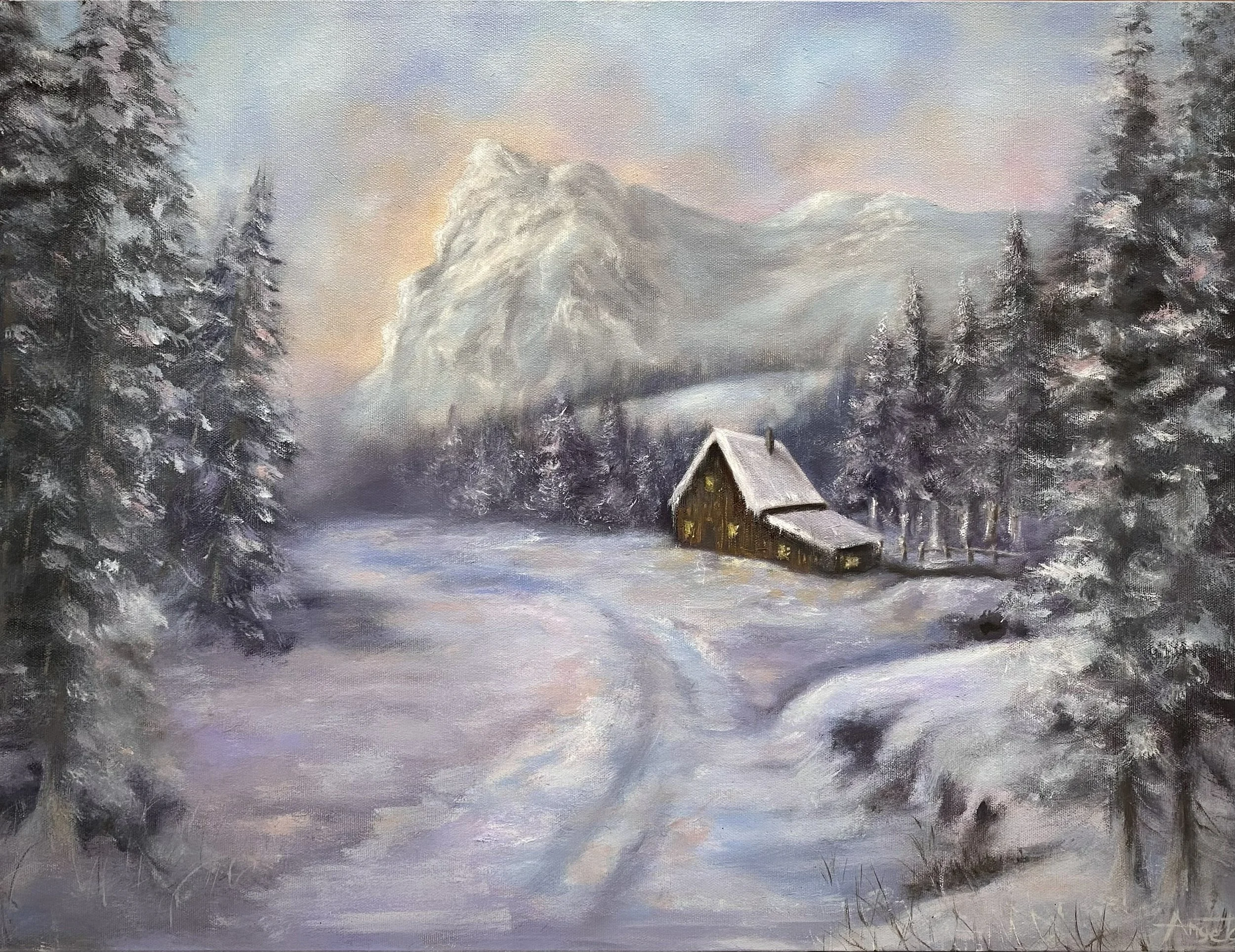 A winter landscape painting depicting snow-covered trees on either side, a small cabin with illuminated windows in the foreground, and snow-covered mountains in the background under a pastel-colored sky.
