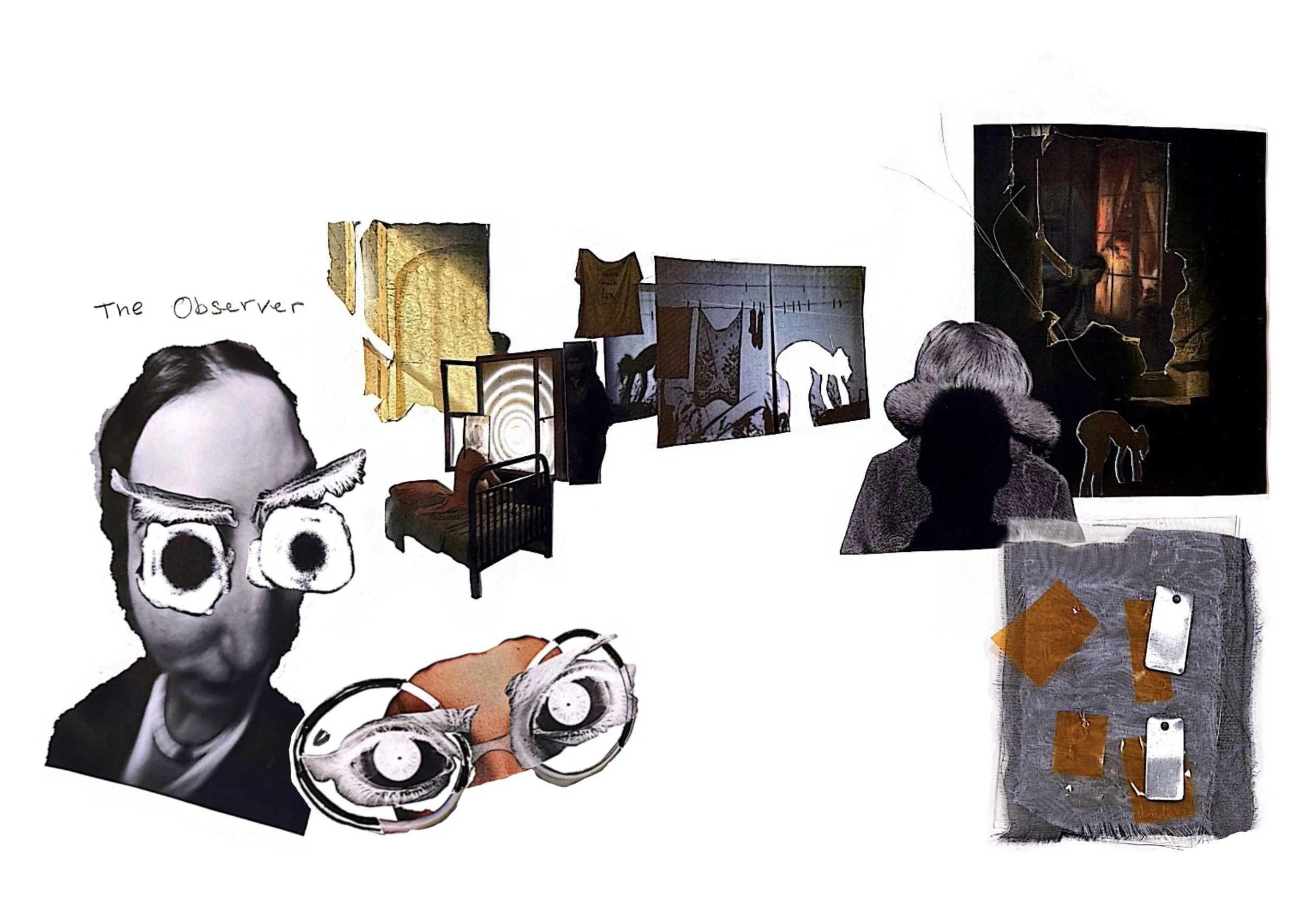 A collage of various artistic and photographic images, including a person's face with glasses and scribbled eyebrows, a black-and-white illustration of a person, a empty bed, cut-out pictures of wallpapeand other textured paper and fabric art pieces.