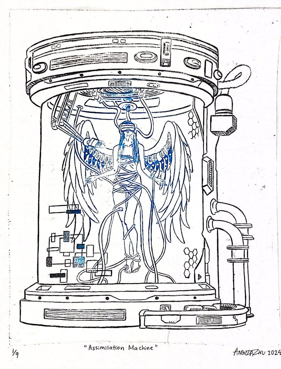 Intaglio print of a machine containing an angelic figure with wings and wires connected to its body, surrounded by computer components and tubes.