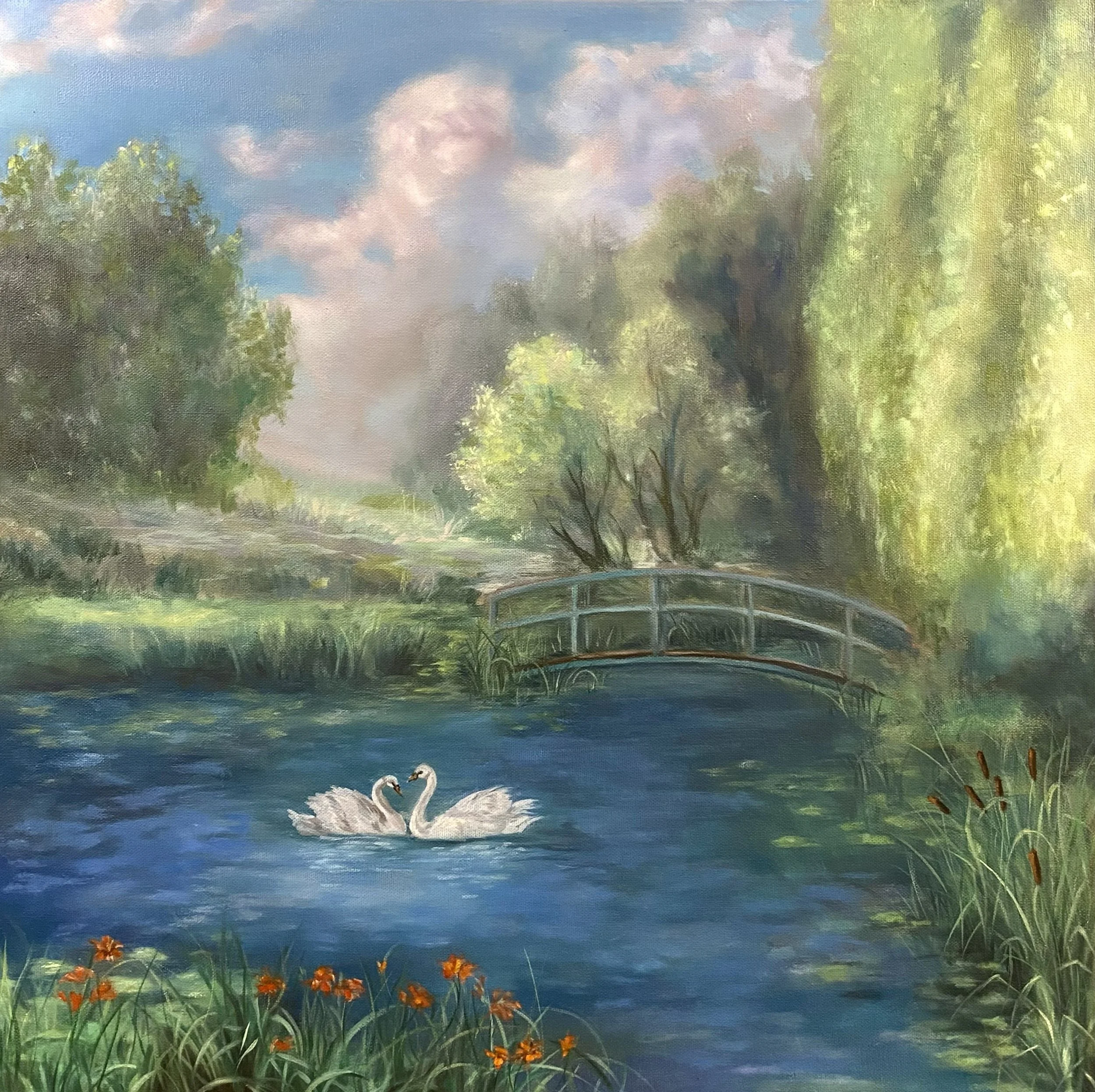 Painting of a serene lake scene with two swans, surrounded by green trees, a bridge, and vibrant orange flowers in the foreground.