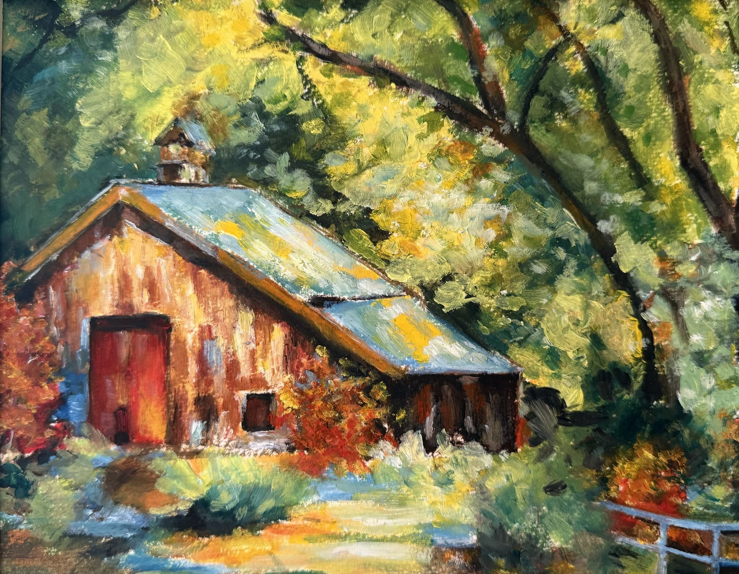 A colorful impressionist painting of a house with a sloped roof amidst green trees with bright yellow and green leaves.