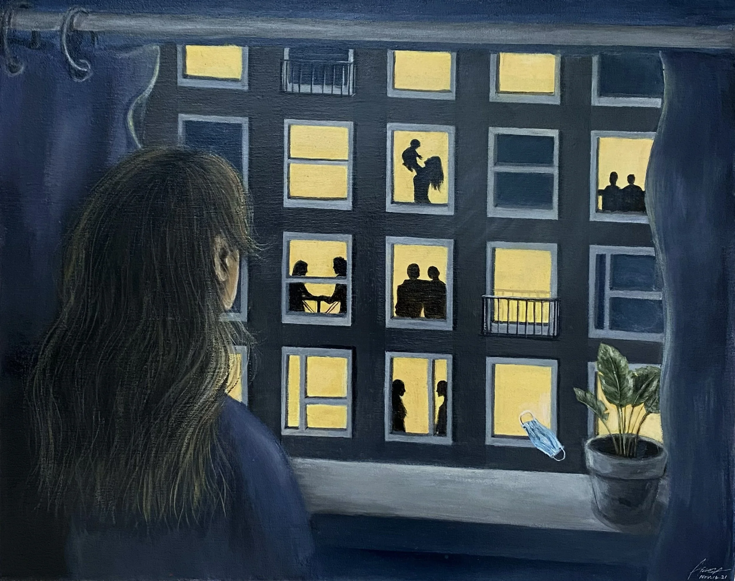 A painting of a woman with long hair in the foreground, looking out her bedroom window to illuminated windows at night. The windows show silhouettes of people inside the building, including a couple embracing and a pair of people sitting together.