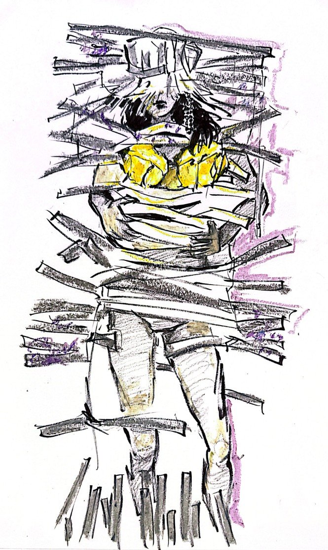 A drawing of model wearing garment and hat made out of aluminium window blinds, with yellow floral bra top peaking from under.