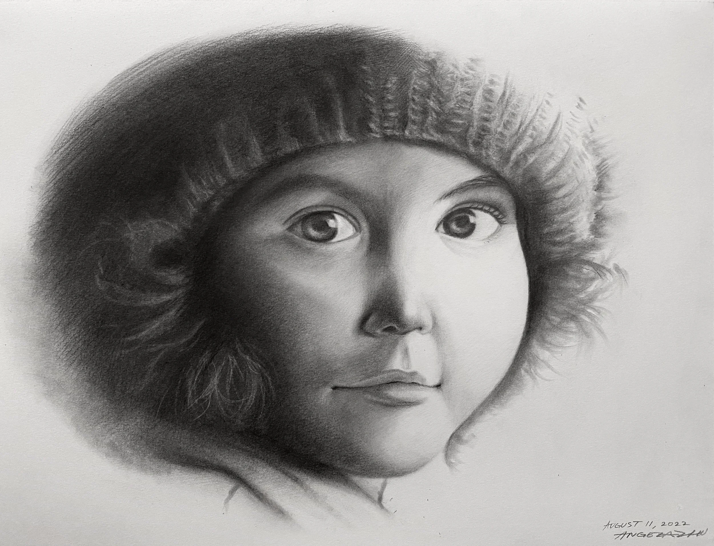 A detailed graphite pencil drawing of a young girl's face with large expressive eyes and curly hair, wearing a knitted beanie.