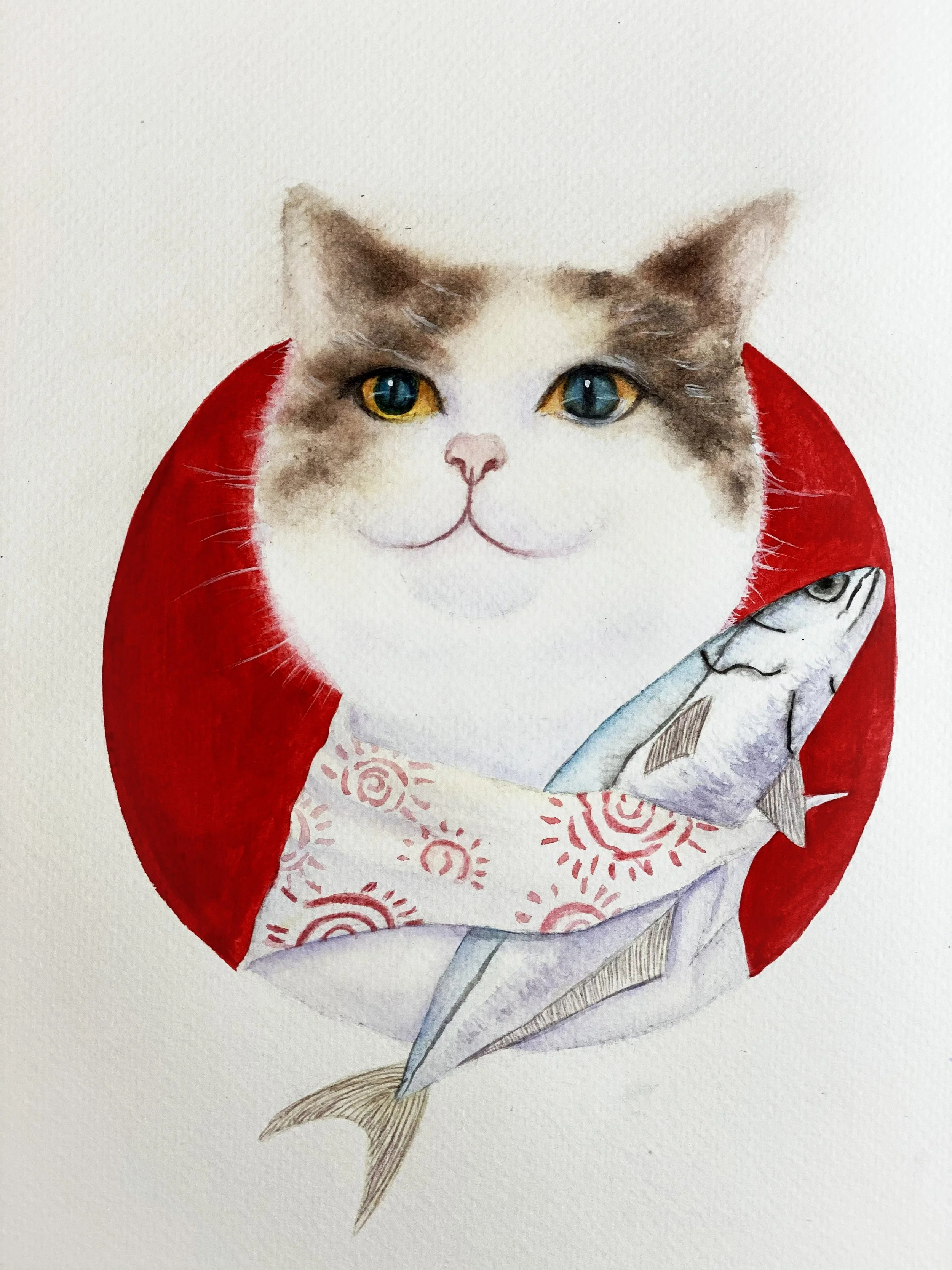 A watercolor painting of a cat with multicolored eyes inside a red circle, with a fish tied to its neck.