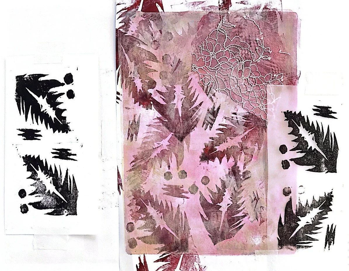 Mixed media artwork featuring patterns in pink, purple, and black hues, combined with stencil-like motifs.
