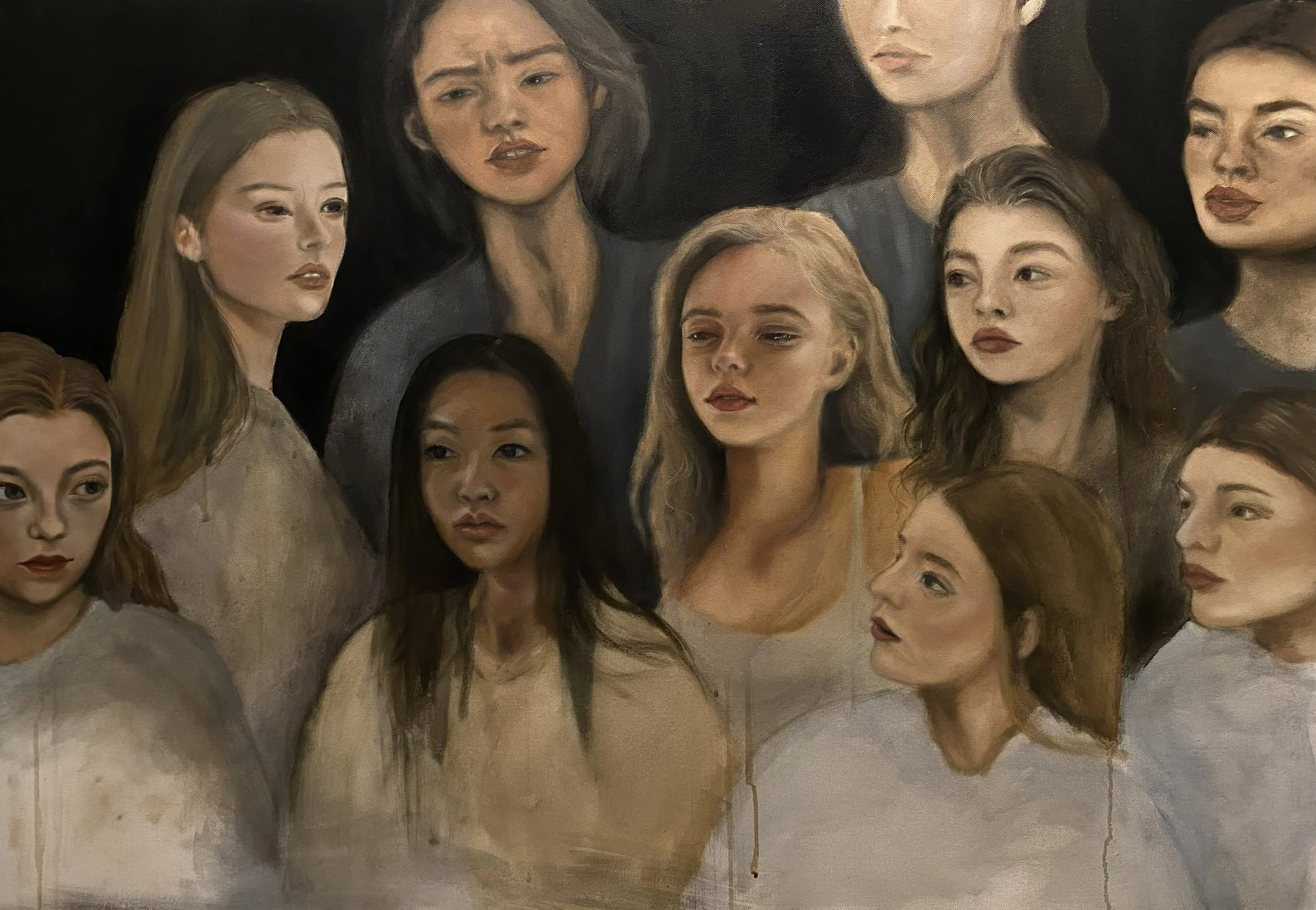 A painting of several women with various hair colors and styles. The women are depicted with realistic facial features and wearing neutral-toned clothing, standing against a dark background.