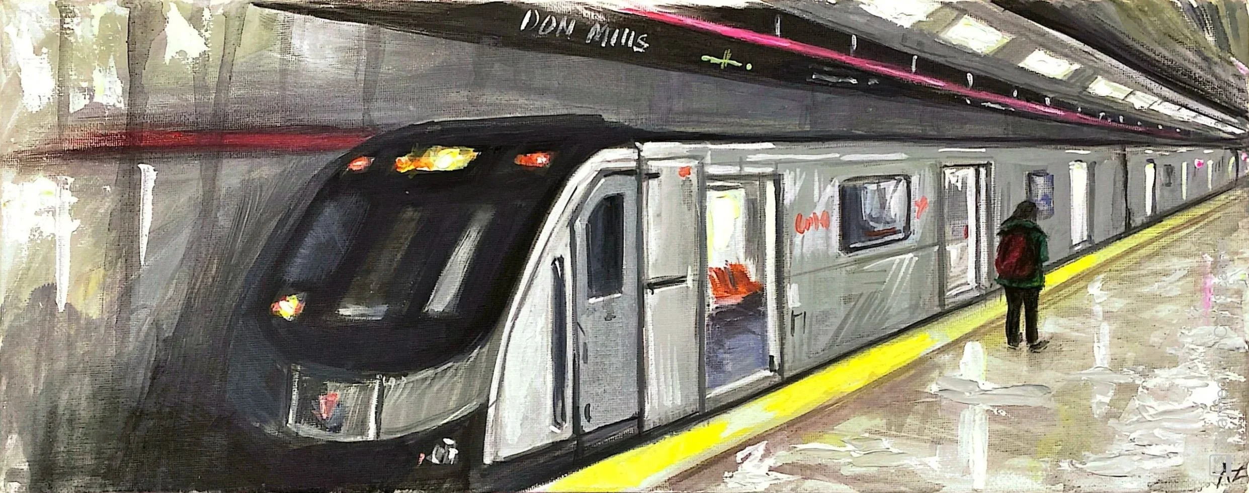 Painting of a Toronto (TTC) subway train at a station platform, with a person waiting nearby. The train is silver with black front, and the platform has a yellow safety line.