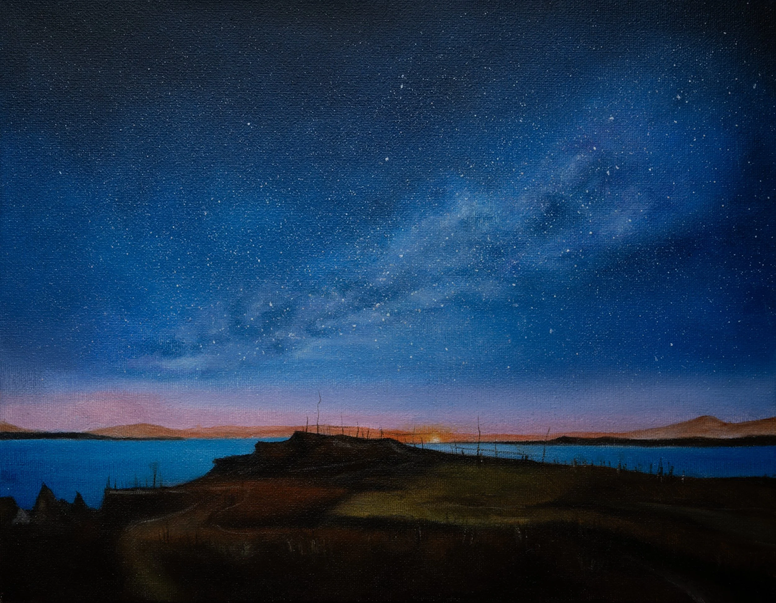A painting of a sunset over a body of water with hills in the background.