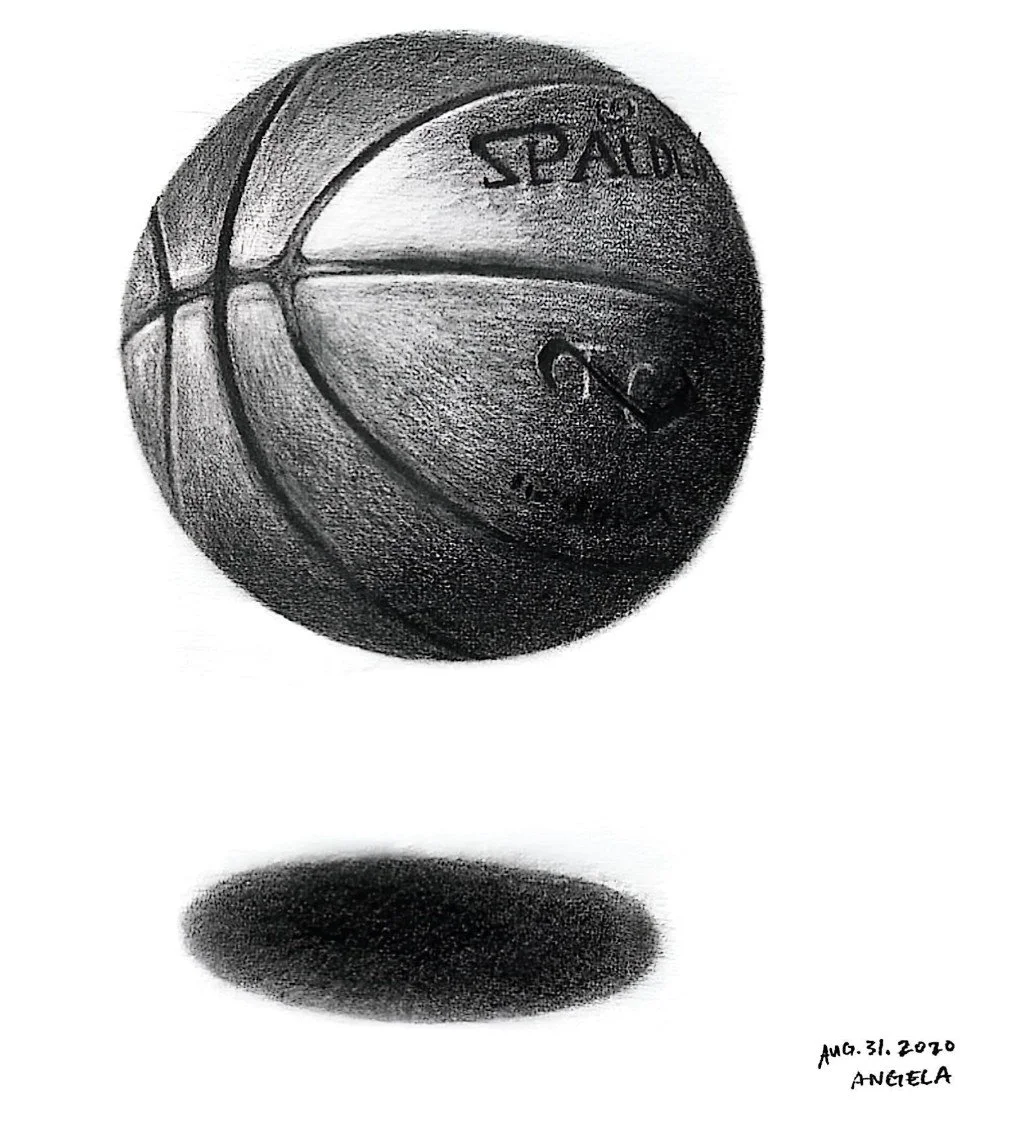 Pencil sketch of a basketball with a shadow on a white background, signed by Angela, dated August 31, 2020.