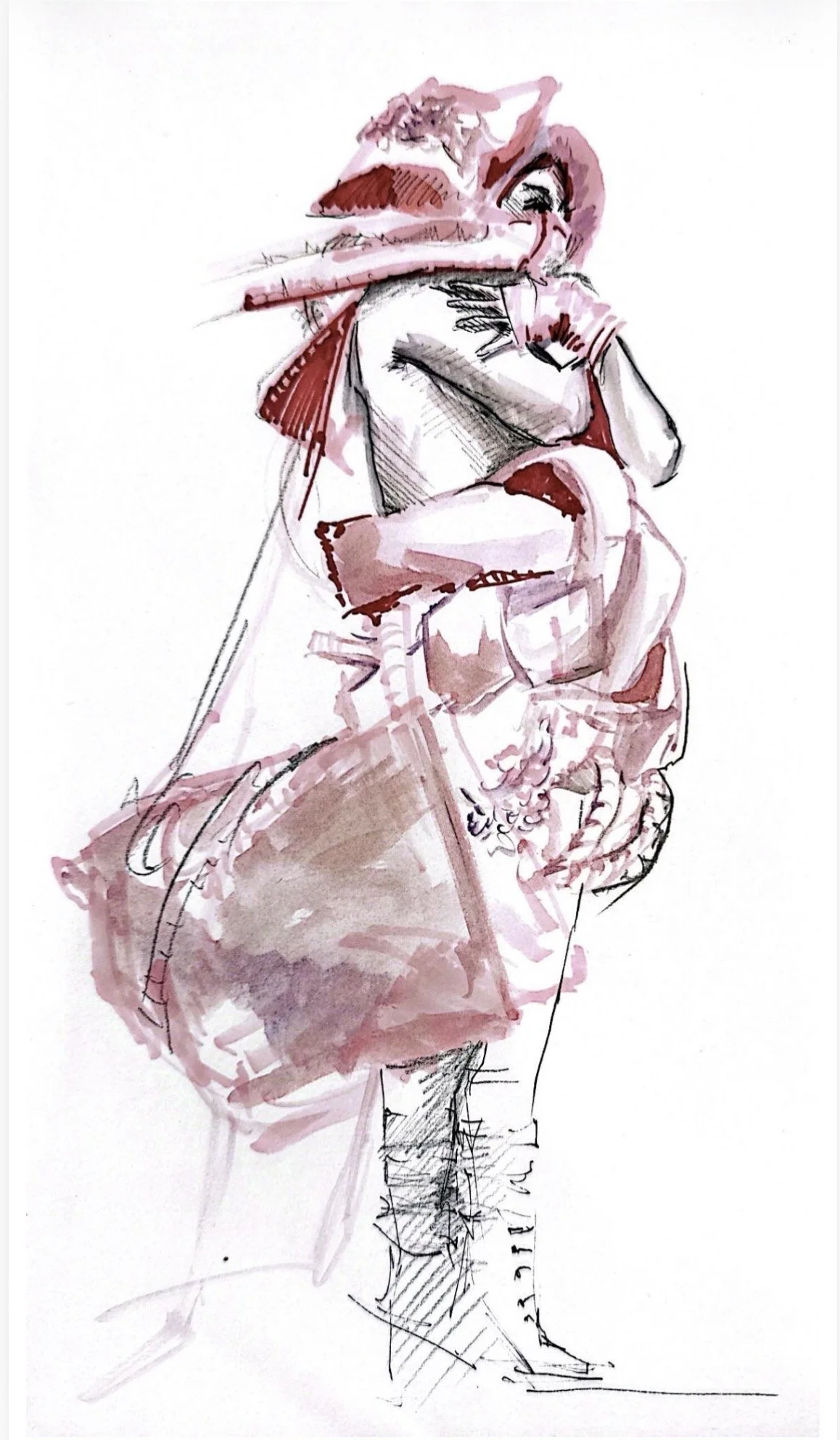 Fashion illustration of a person in loose watercolor and ink style.