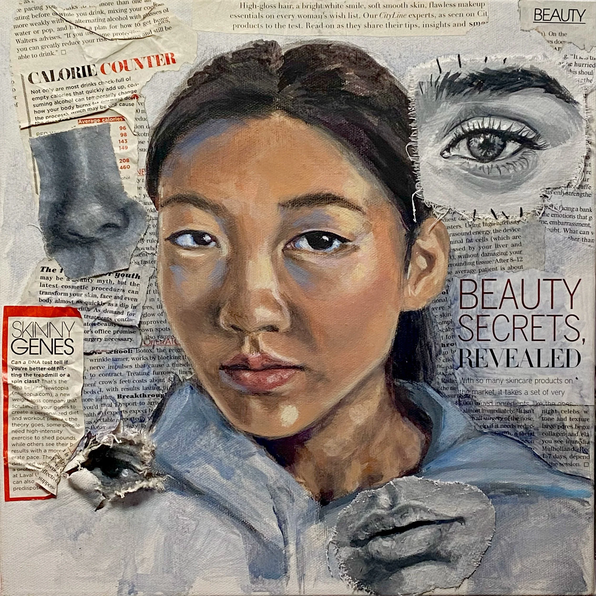 A self portrait with collaged background from newspaper pieces, combined with cutouts of a nose, lip, and eye.