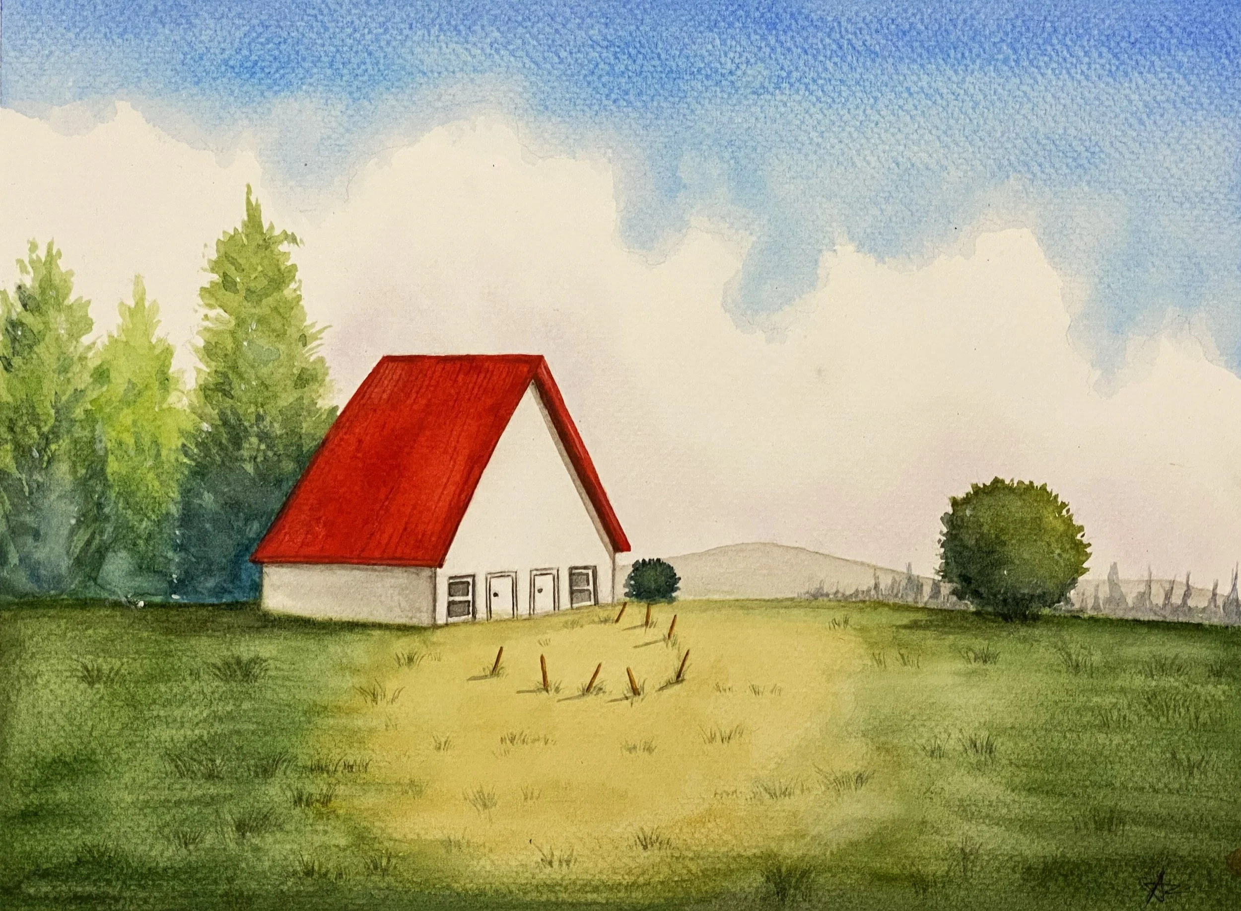 A watercolor painting of a house with a red roof, surrounded by green trees and grass under a partly cloudy sky.
